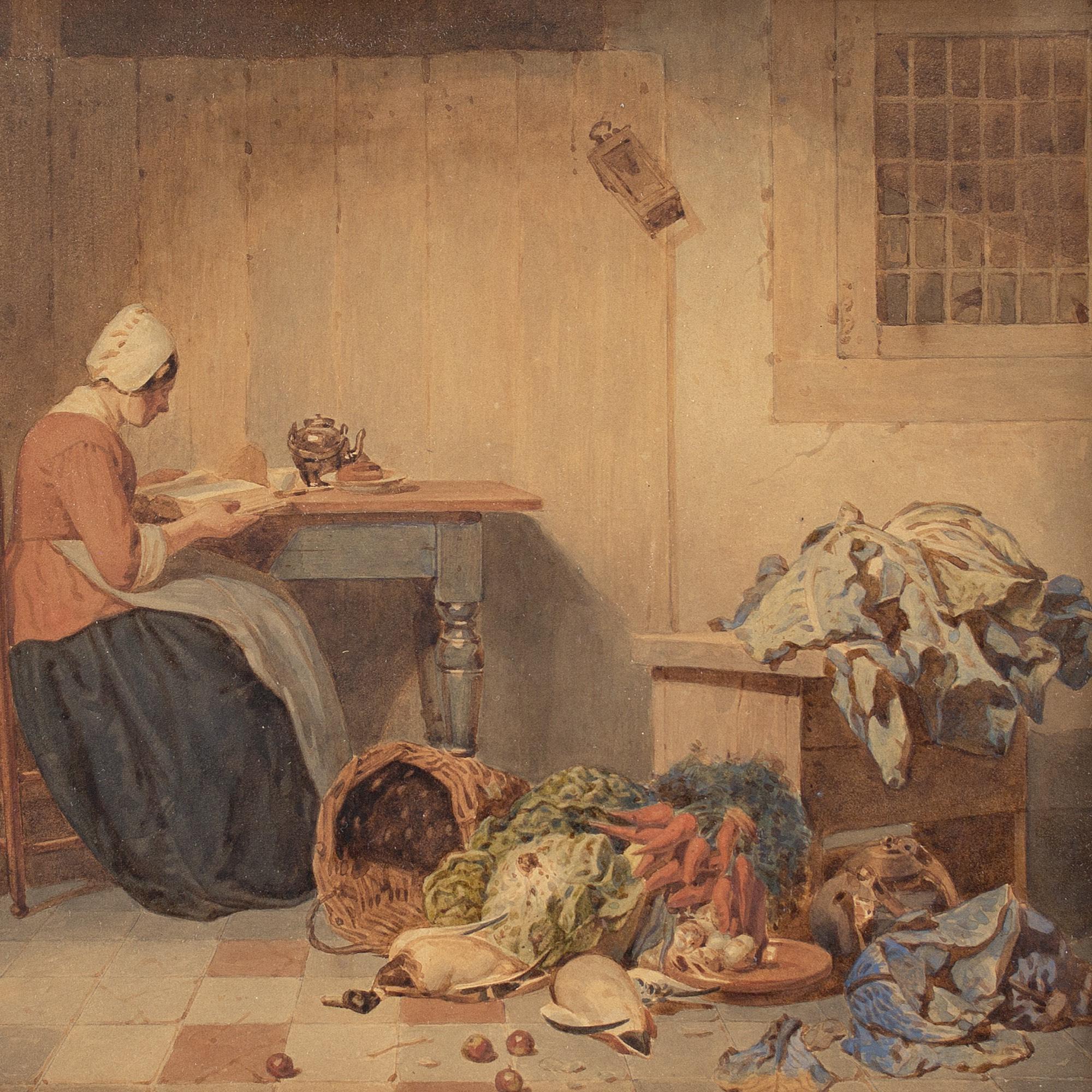 Johannes Engel Masurel, The Kitchen Princess, Antique Watercolour 5