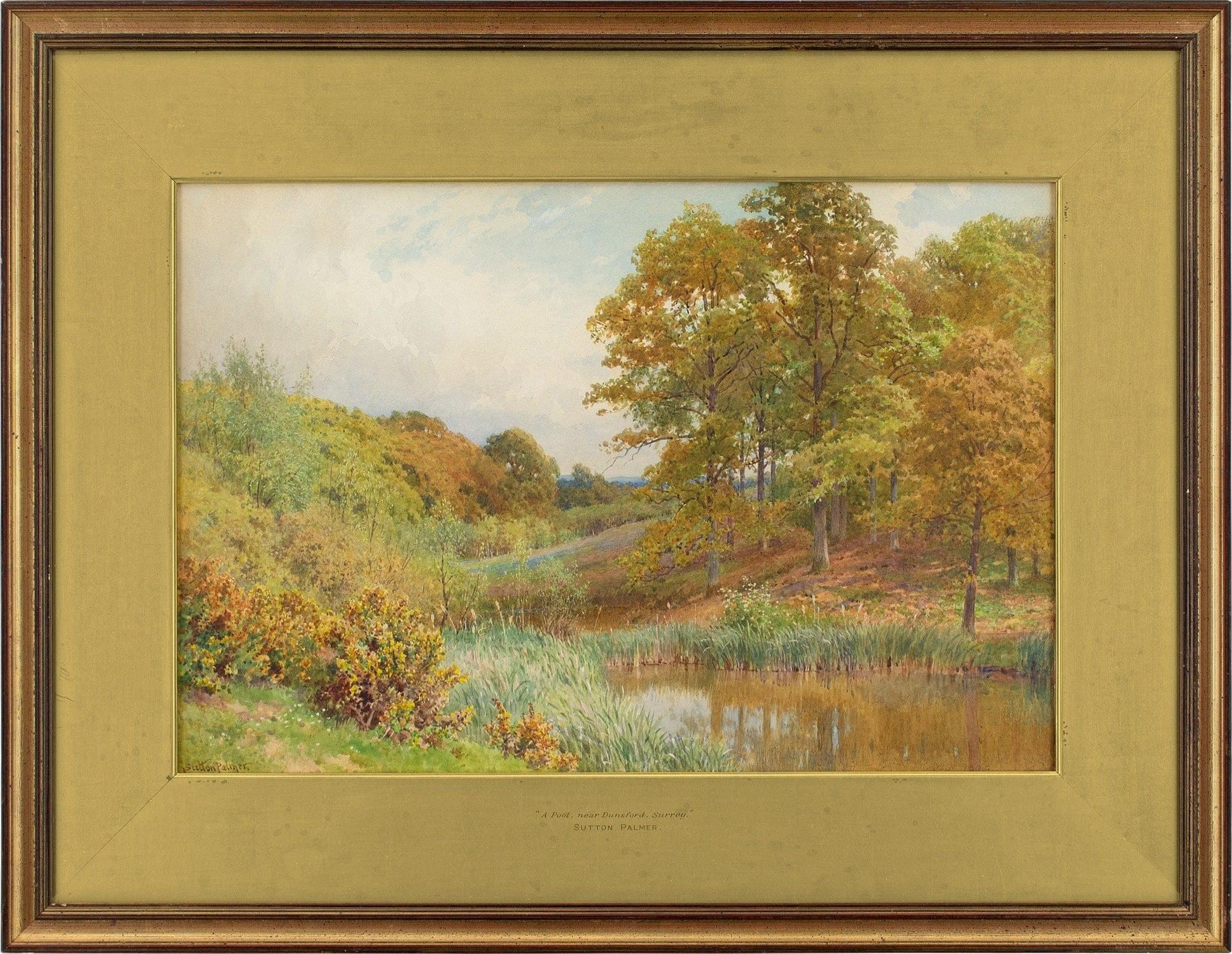 Cette belle aquarelle de la fin du XIXe siècle de l'artiste britannique Harold Sutton Palmer RIBA (1854-1933) représente une vue de la rivière près de Dunsford dans le Surrey.

Scintillant entre des rives verdoyantes, un bassin d'eau reposante
