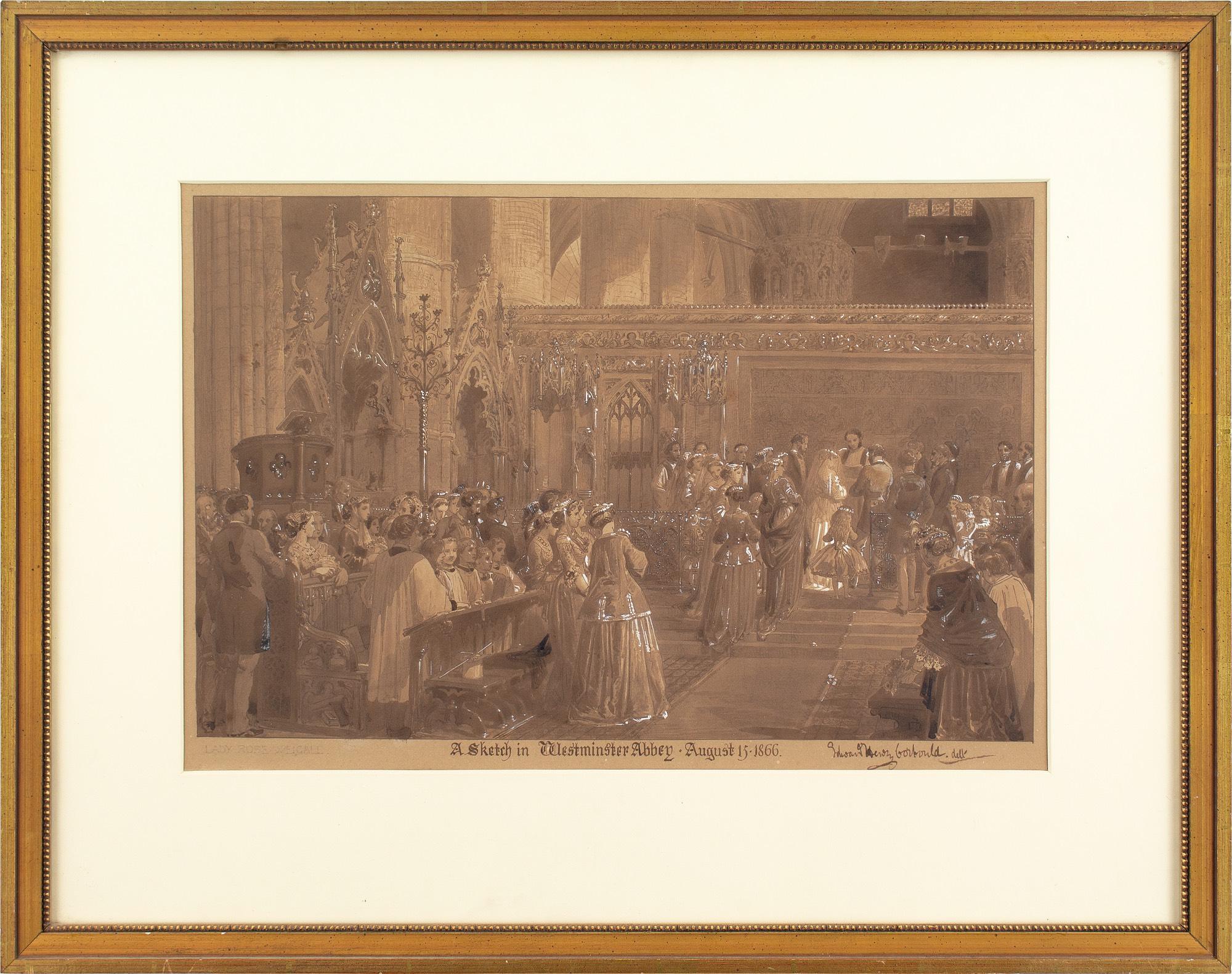 This mid-19th-century watercolour by British artist Edward Henry Corbould (1815-1905) illustrates the impressive wedding of his good friend Henry Weigall (1829-1925) and Lady Rose Fane (1834-1921). It was presented to Weigall and remained with the
