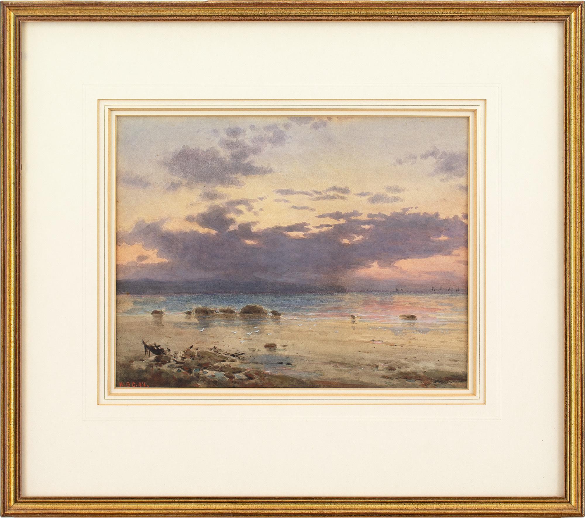 This late 19th-century watercolour by British artist William Stephen Coleman (1829-1904) depicts an atmospheric coastal view with sunset.

As the sun slips surreptitiously beyond the horizon, hidden by a dark backlit cloud, pinkish tints shimmer