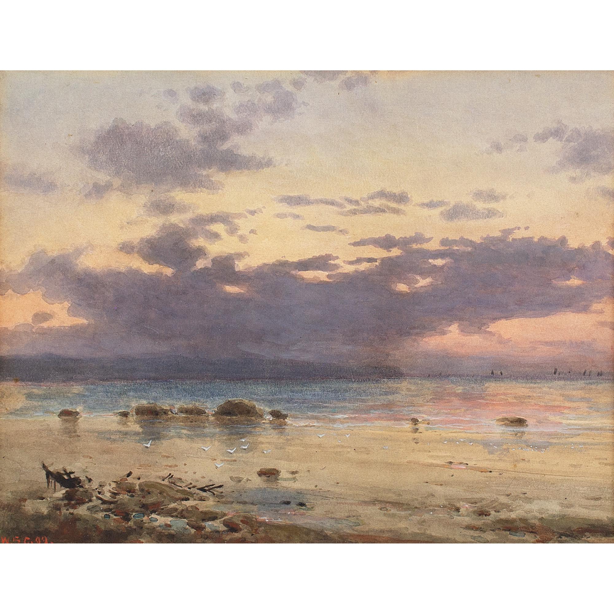William Stephen Coleman, Coastal Landscape With Sunset, Watercolour For Sale 1