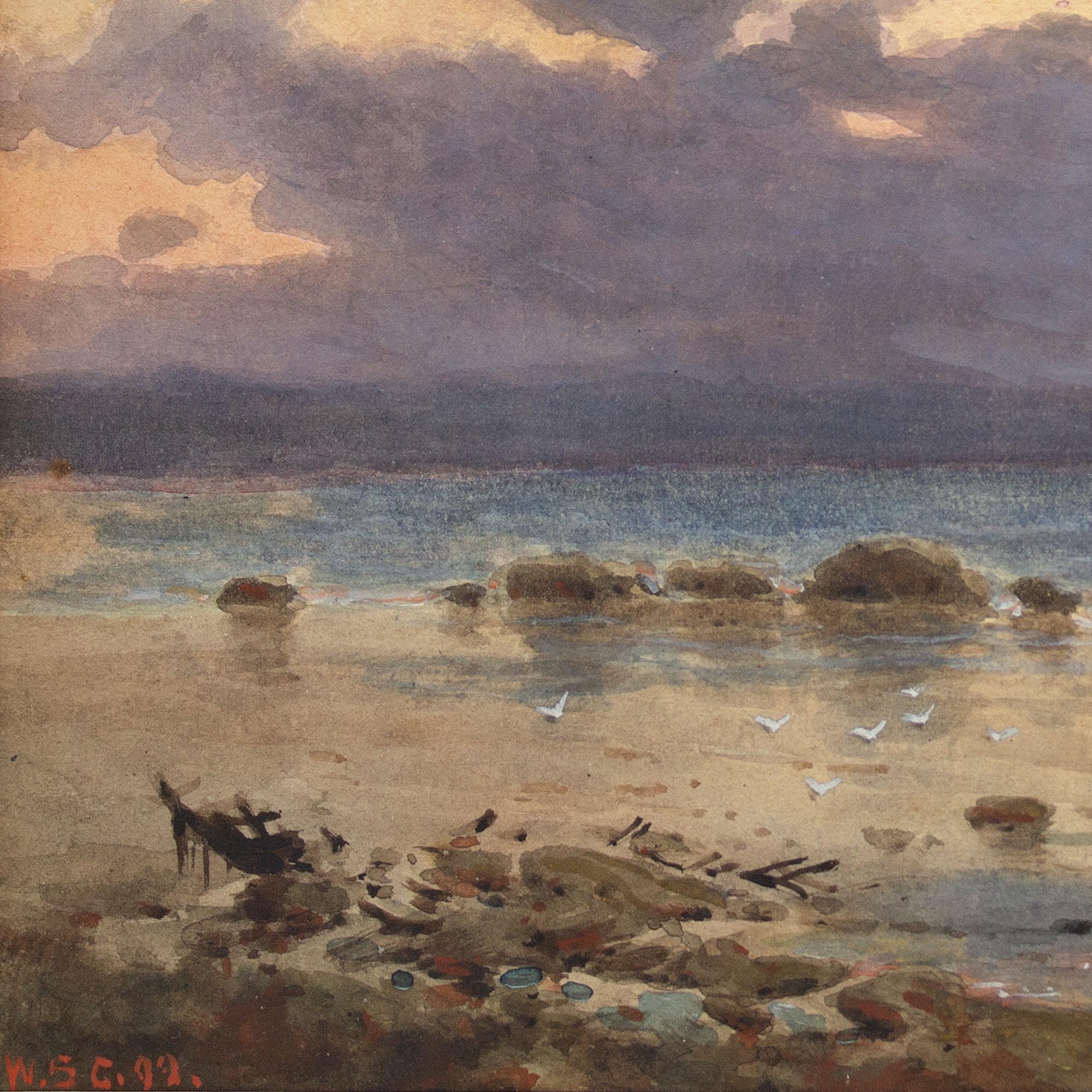 William Stephen Coleman, Coastal Landscape With Sunset, Watercolour For Sale 5