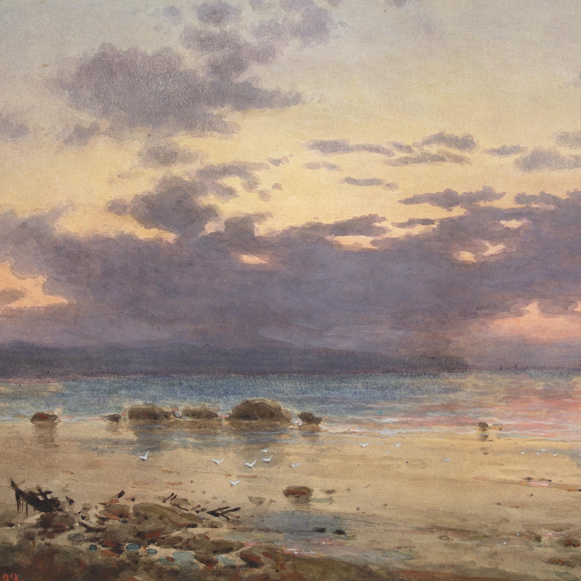 William Stephen Coleman, Coastal Landscape With Sunset, Watercolour For Sale 7