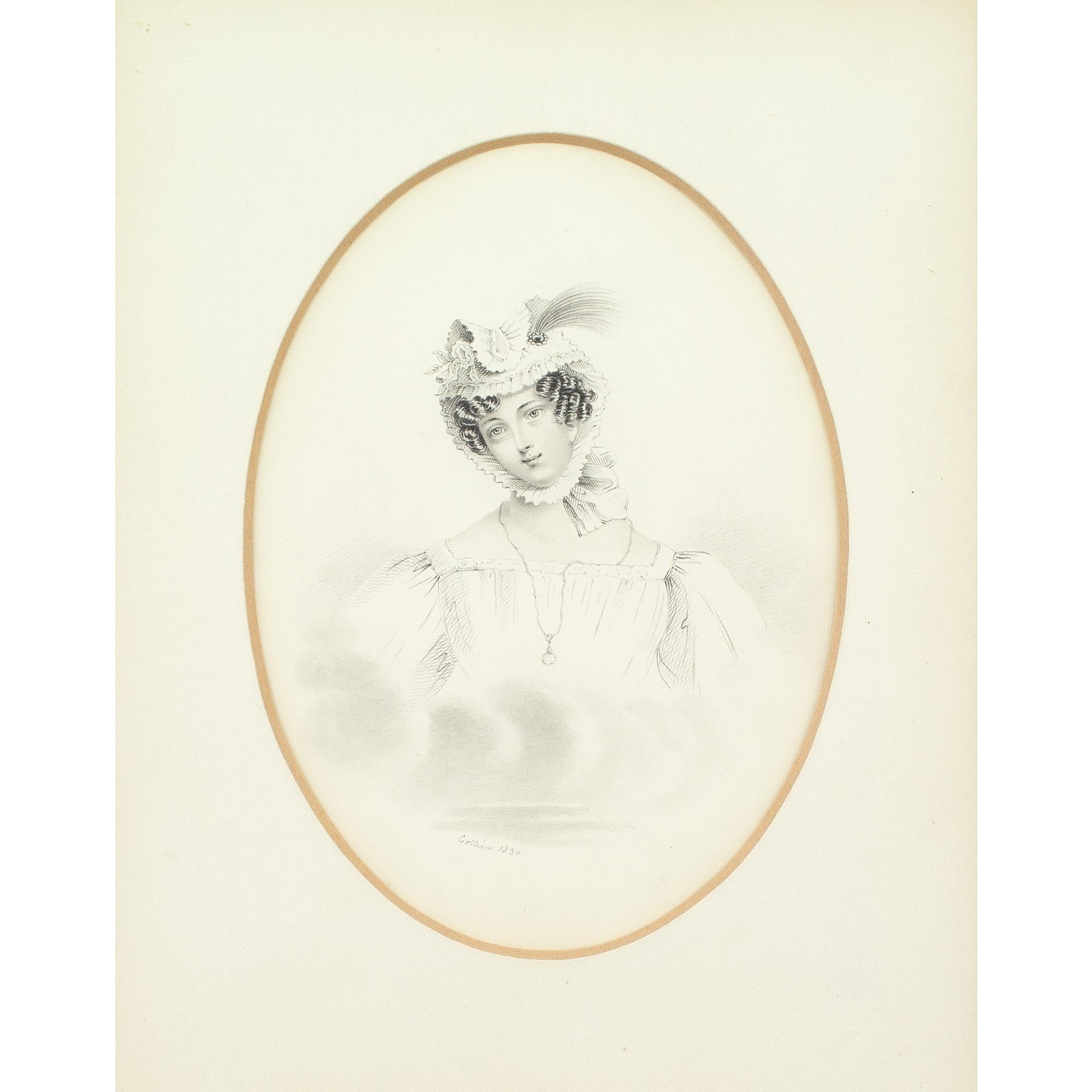 This exquisite early 19th-century drawing depicts a demure young lady wearing a dress with voluminous ‘gigot’ sleeves, necklace and elaborate bonnet. It’s signed ‘Collins’.

Styled akin to a Parisian fashion plate, this remarkably detailed work
