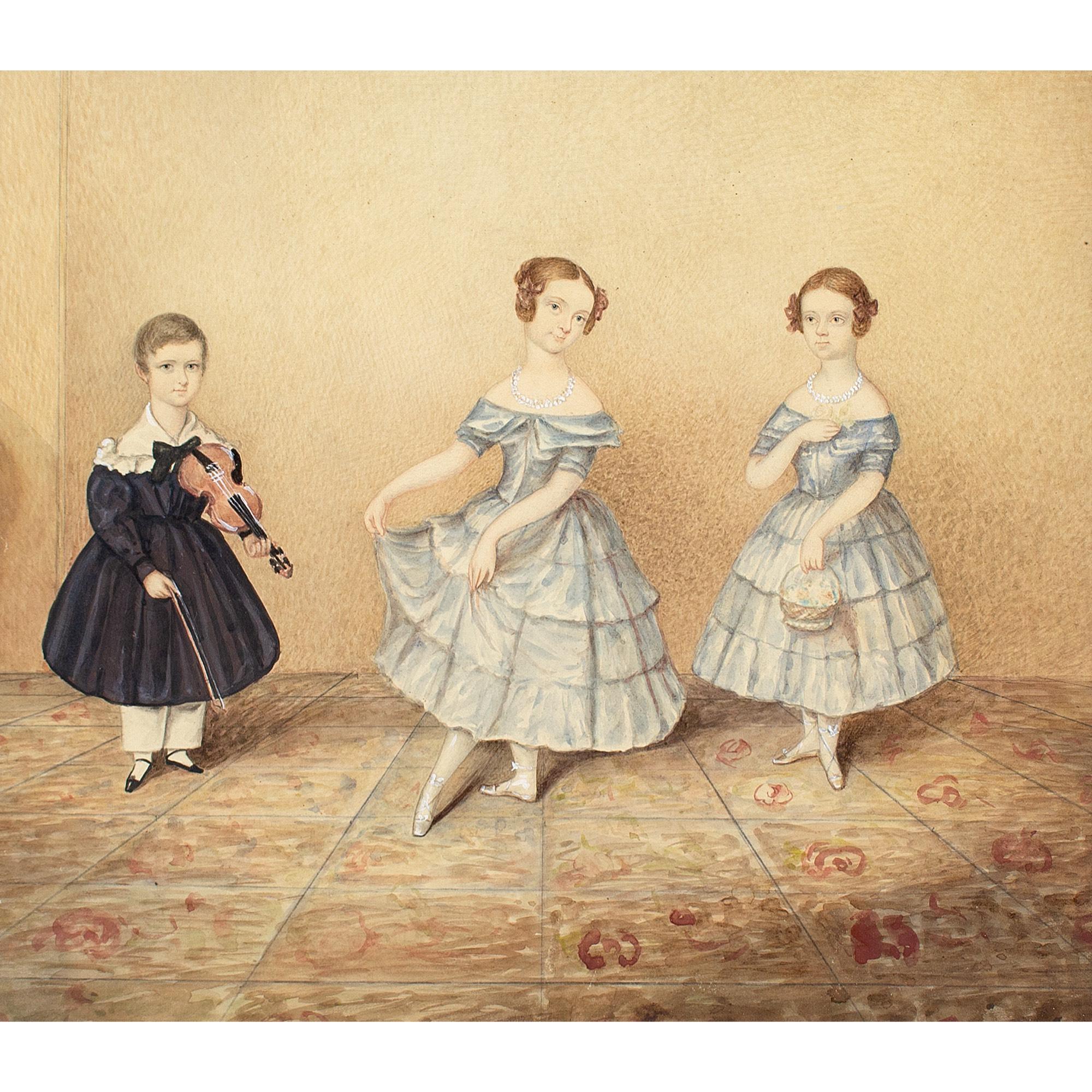19th-Century English School, Gruppenbildnis von drei Kindern – Art von Unknown