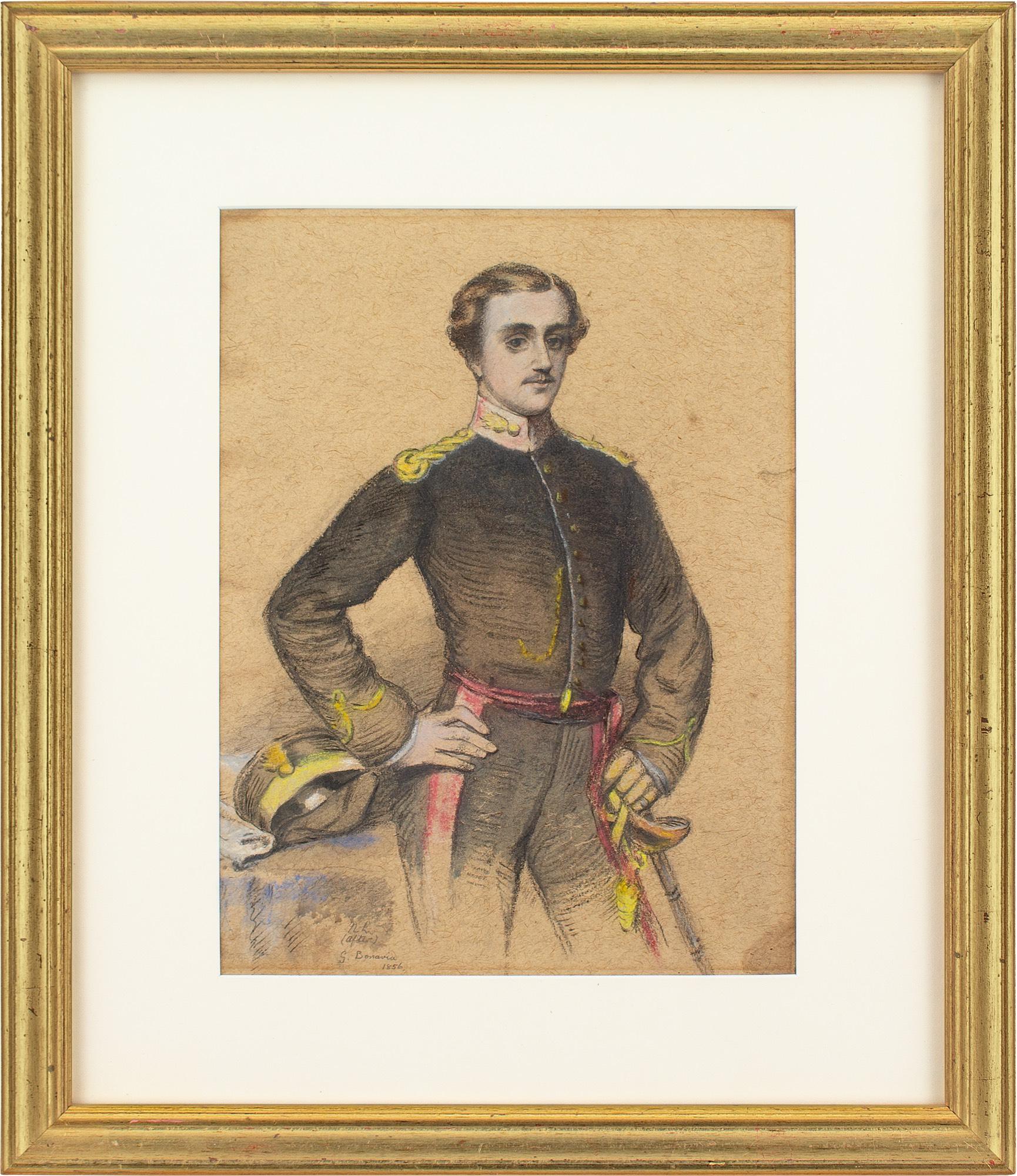 This charming mid-19th-century pastel by Maltese artist George Bonavia (1818-1901) depicts a young British officer in uniform.

Upstanding with his right hand resting on his hip, he carries a confident expression. He appears to be wearing the