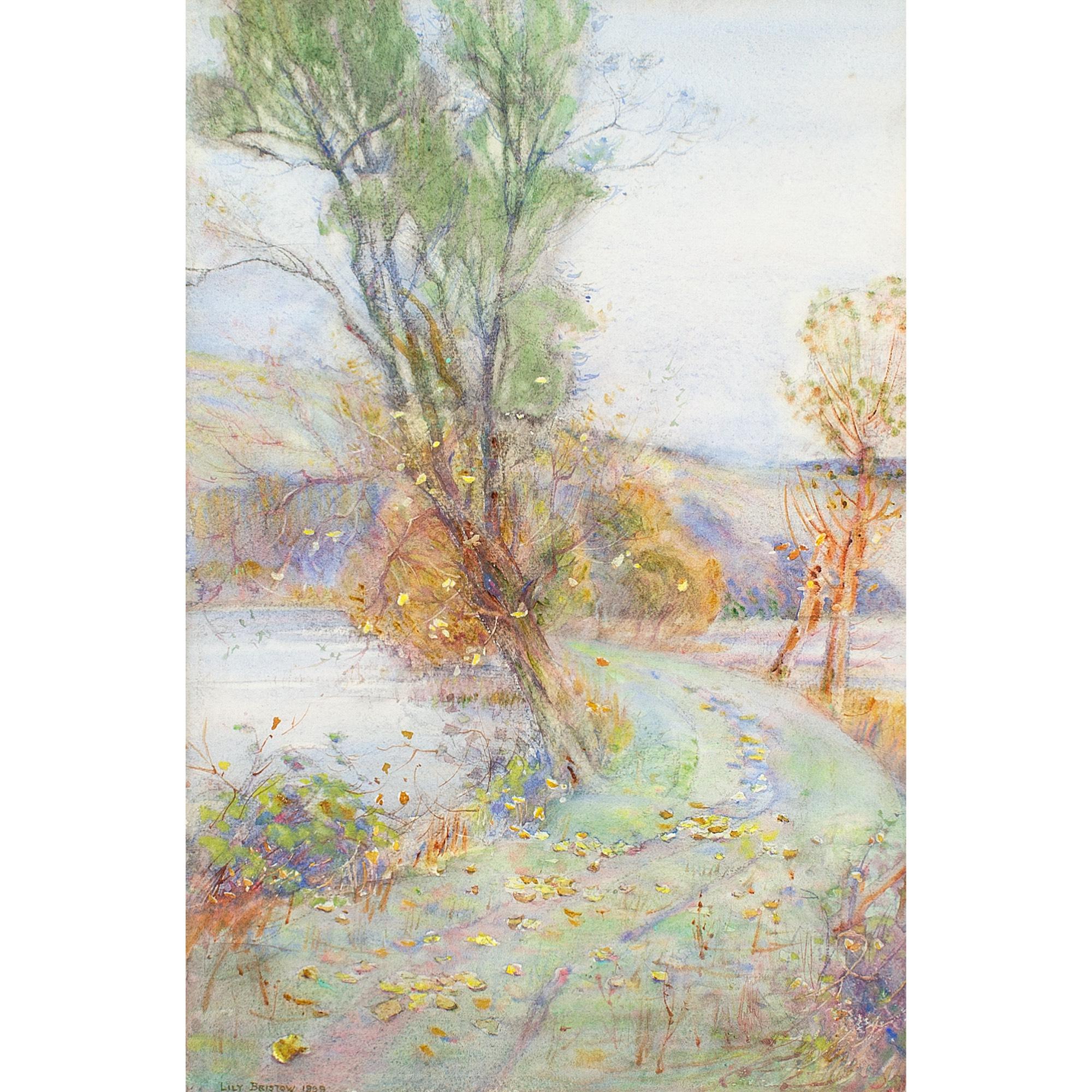 Lily Bristow, Autumnal Landscape With Pond, Antique Watercolour For Sale 1