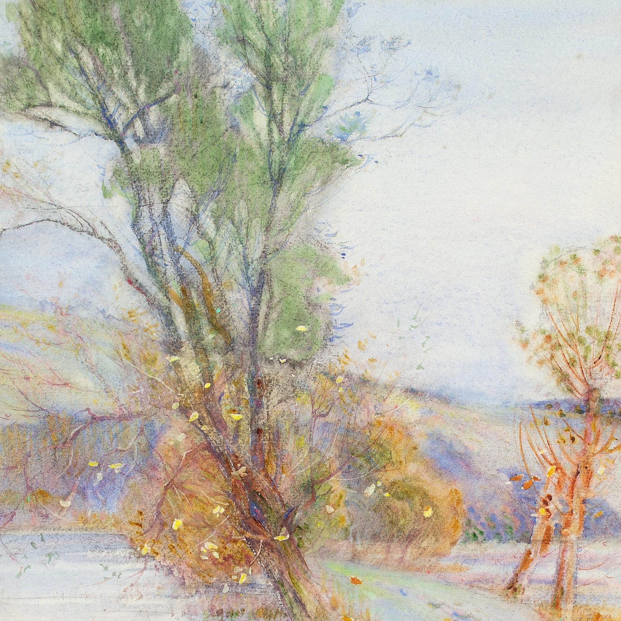 Lily Bristow, Autumnal Landscape With Pond, Antique Watercolour For Sale 4