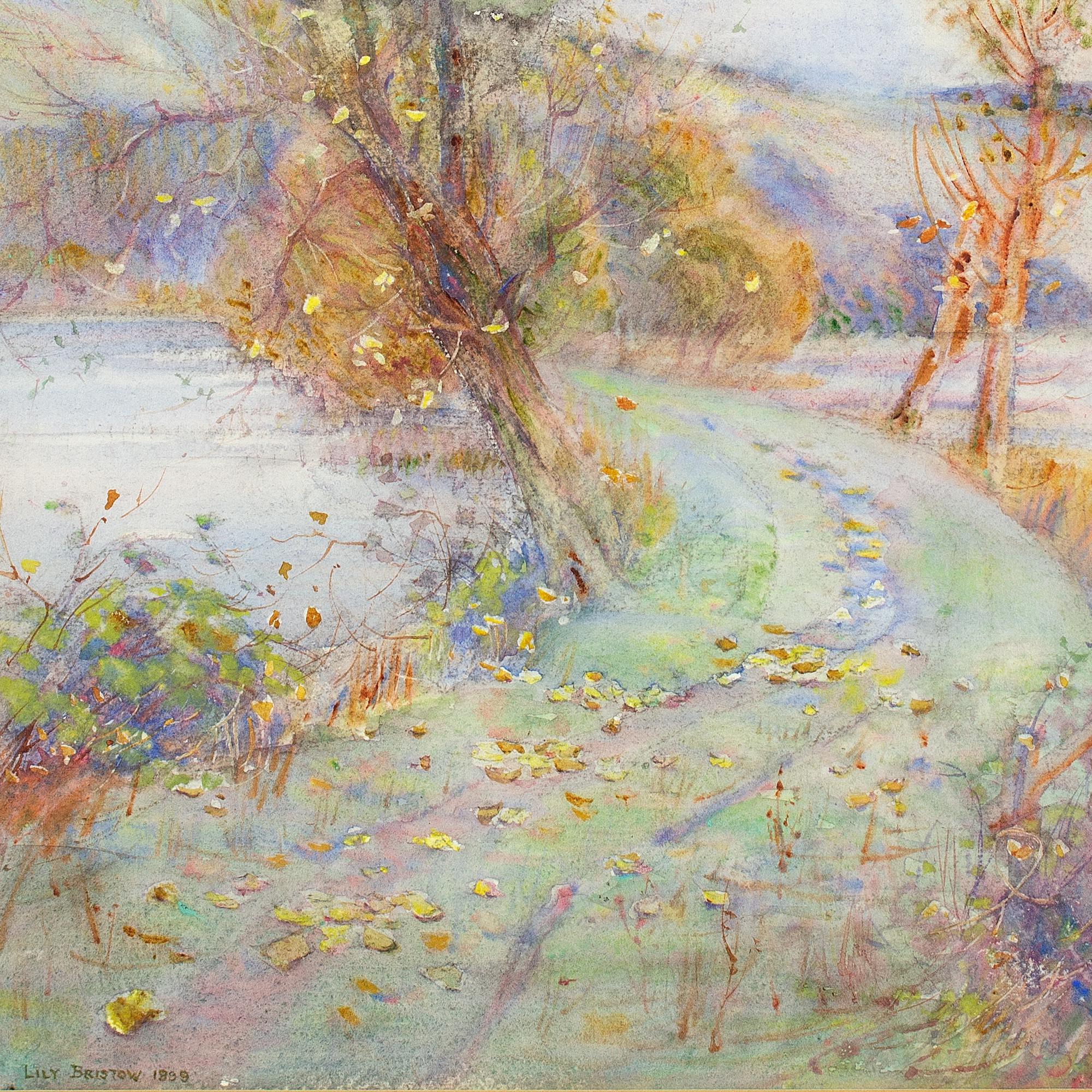 Lily Bristow, Autumnal Landscape With Pond, Antique Watercolour For Sale 5