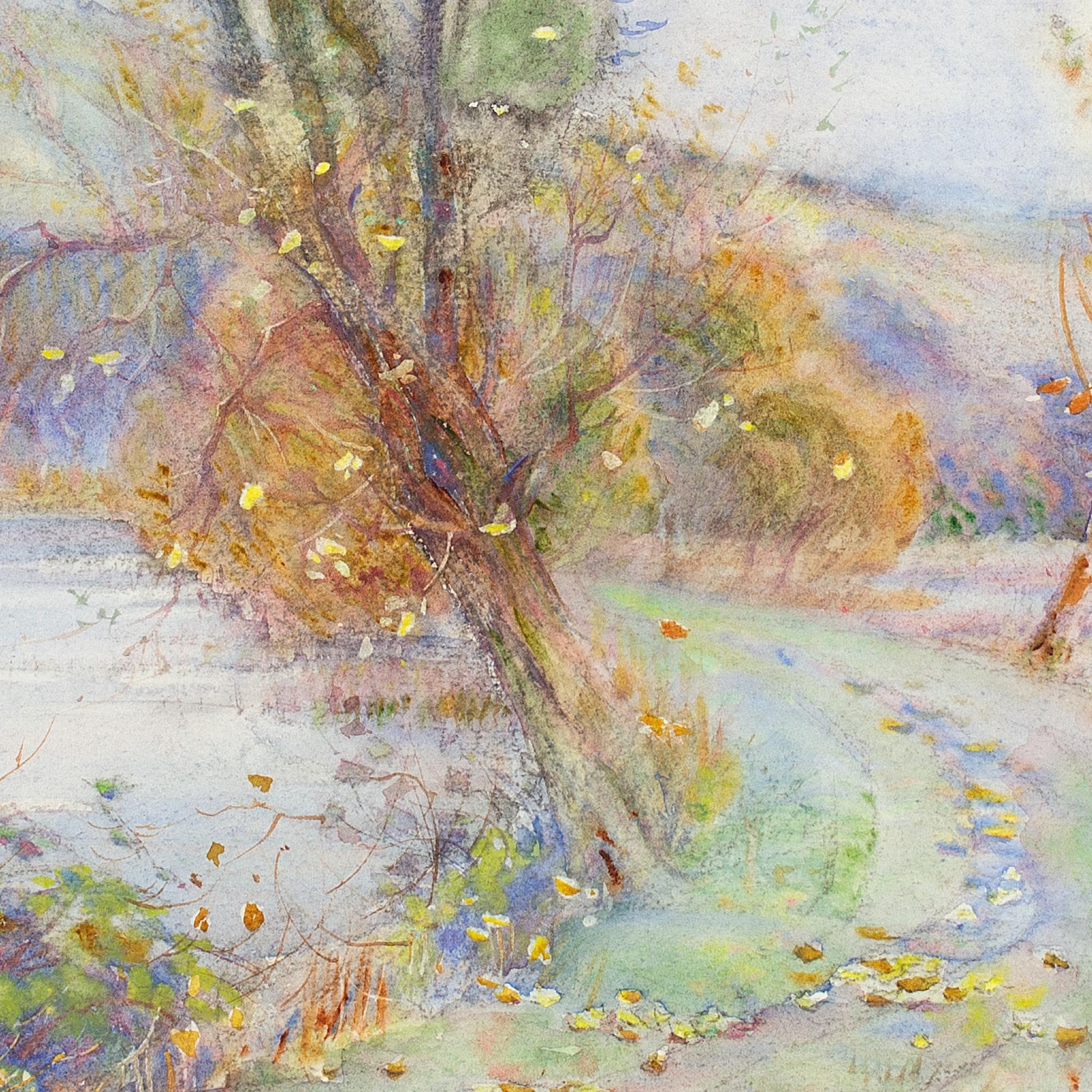 Lily Bristow, Autumnal Landscape With Pond, Antique Watercolour For Sale 6