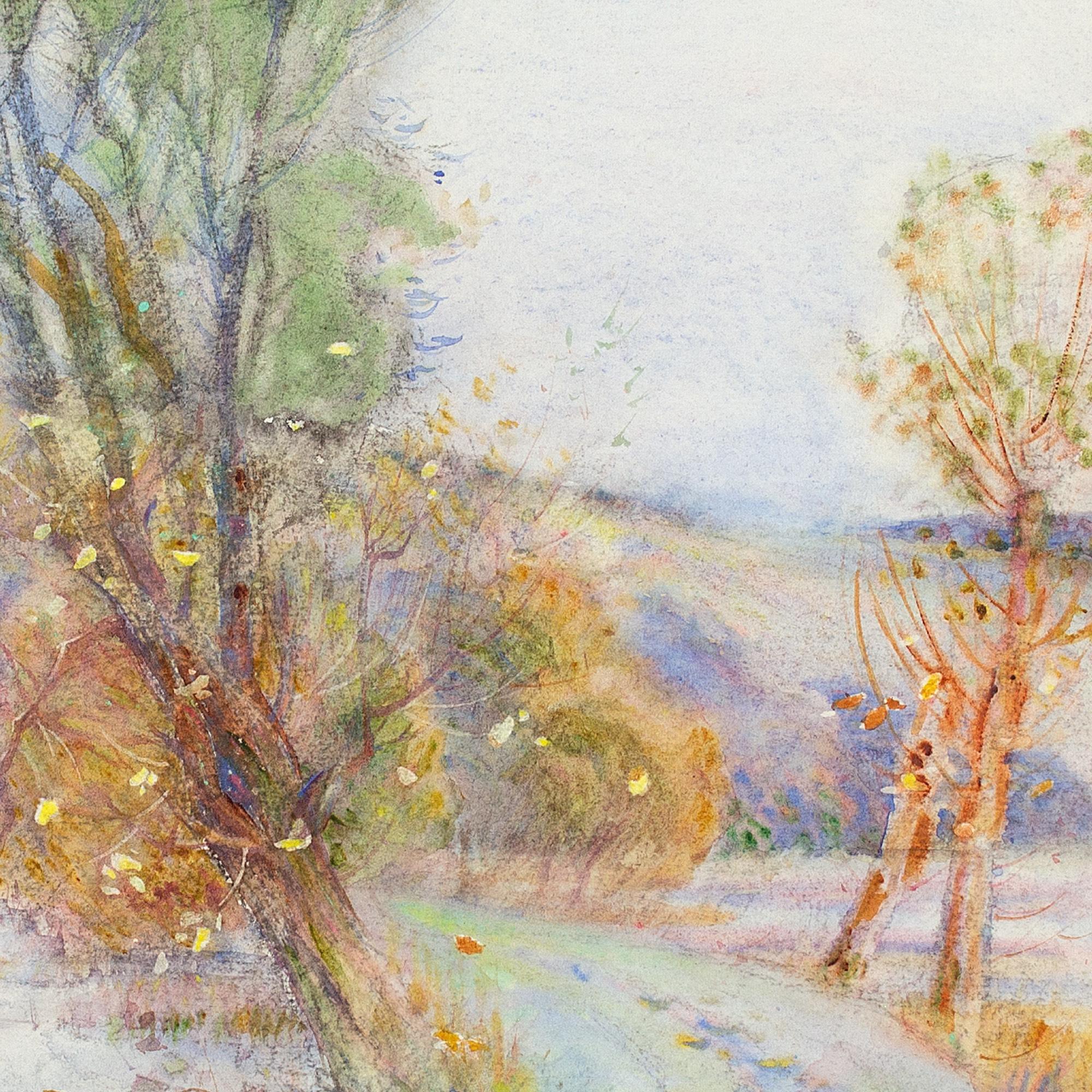 Lily Bristow, Autumnal Landscape With Pond, Antique Watercolour For Sale 7