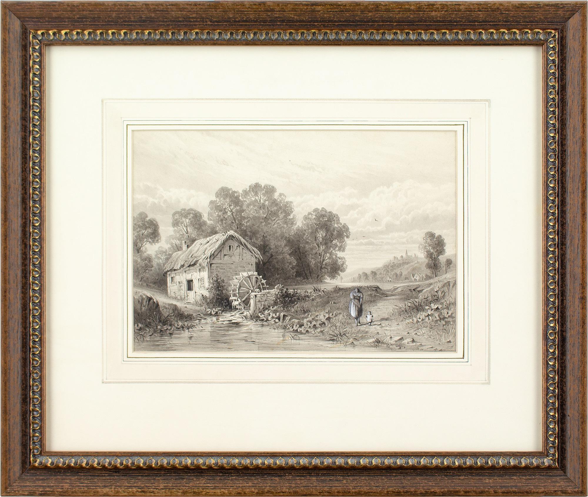 This charming 19th-century drawing by British artist Edmond Albert Joseph Tyrel de Poix (1840-1916) depicts a mother and child standing by a mill pond before a rustic watermill.

De Poix was a gentleman artist descended from French nobility. Born in