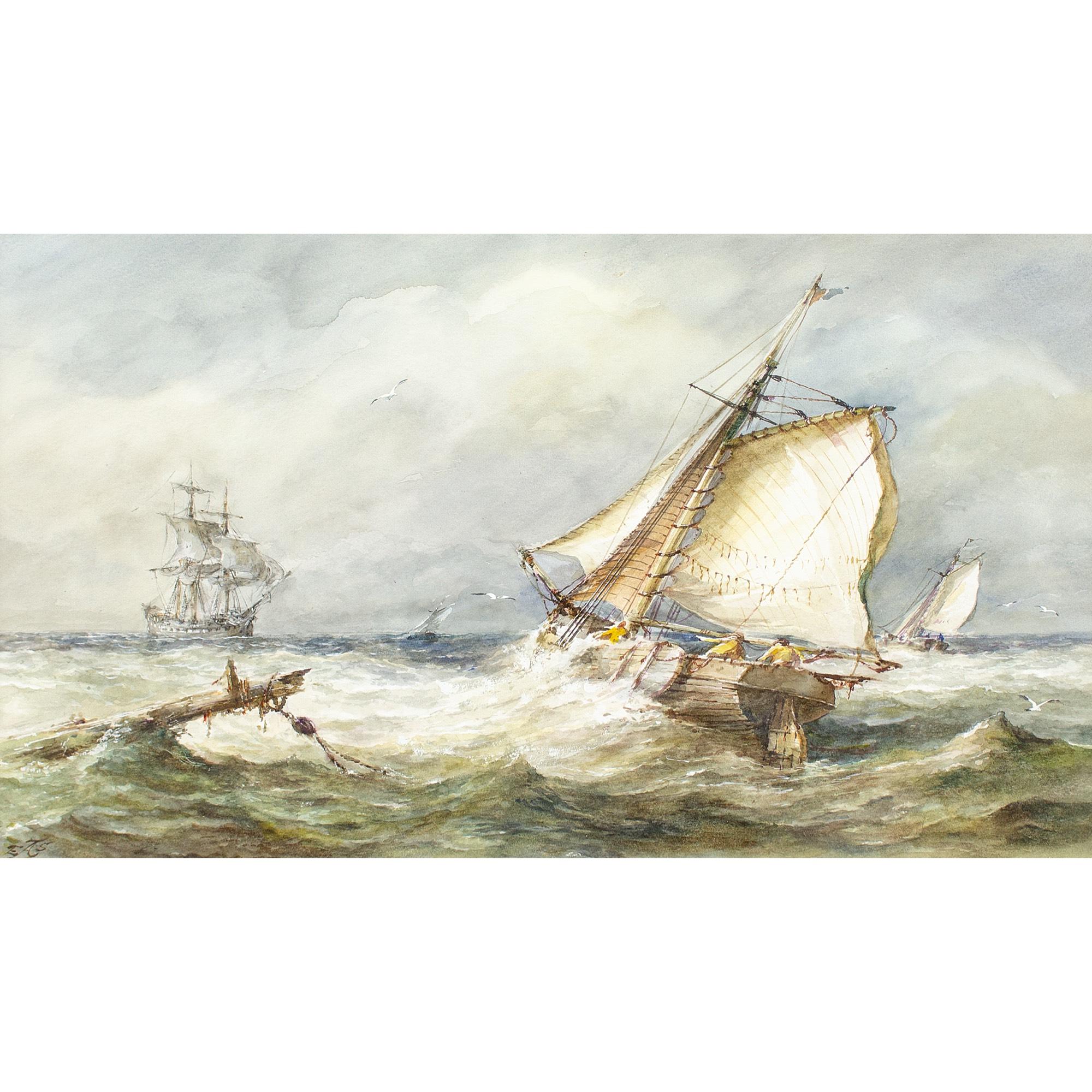 Edward A. Swan, Turbulente Meeresszene, Aquarell – Art von Edward A Swan