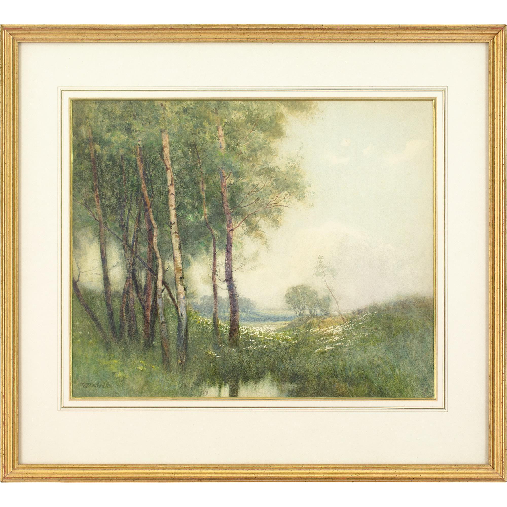 This early 20th-century watercolour by British artist William Tatton Winter (1855-1928) depicts a Summertime view with birch trees.

Spindly verticals crowd the left of this composition. The familiar forms of silver birch trees vie for attention.