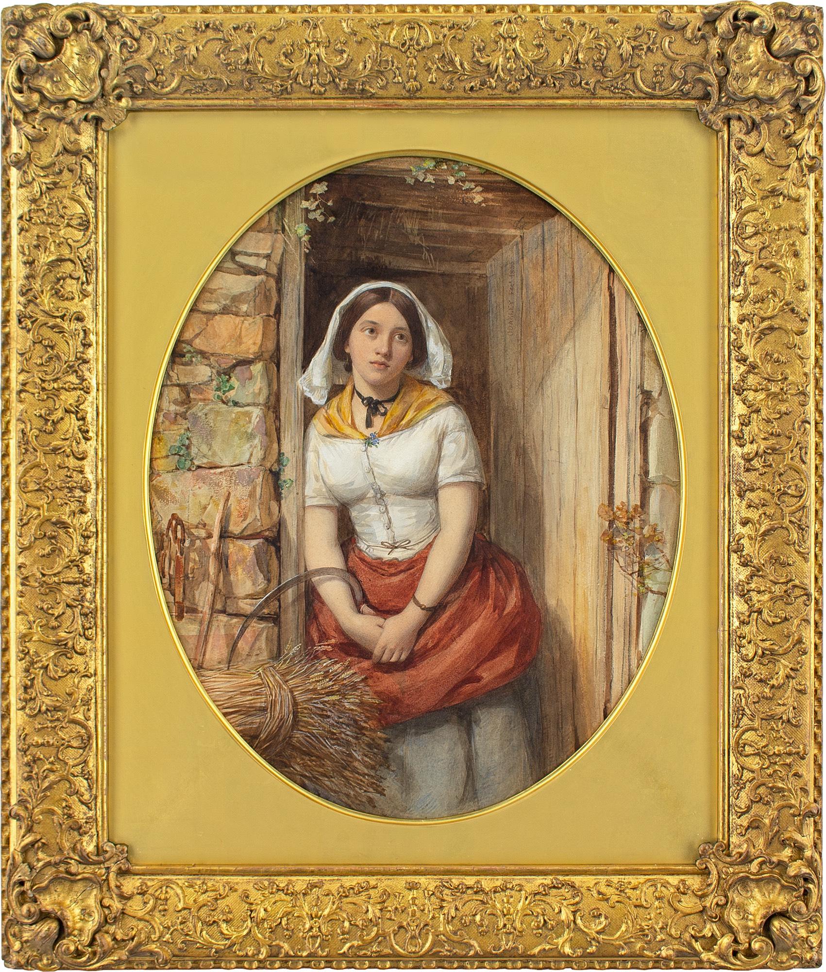 This fine mid-19th-century watercolour by accomplished British artist Octavius Oakley RWS (1800-1867) depicts a harvest girl leaning in a cottage doorway. It was shown at the Academy of Arts, Liverpool, in 1856 and referred to in the Art