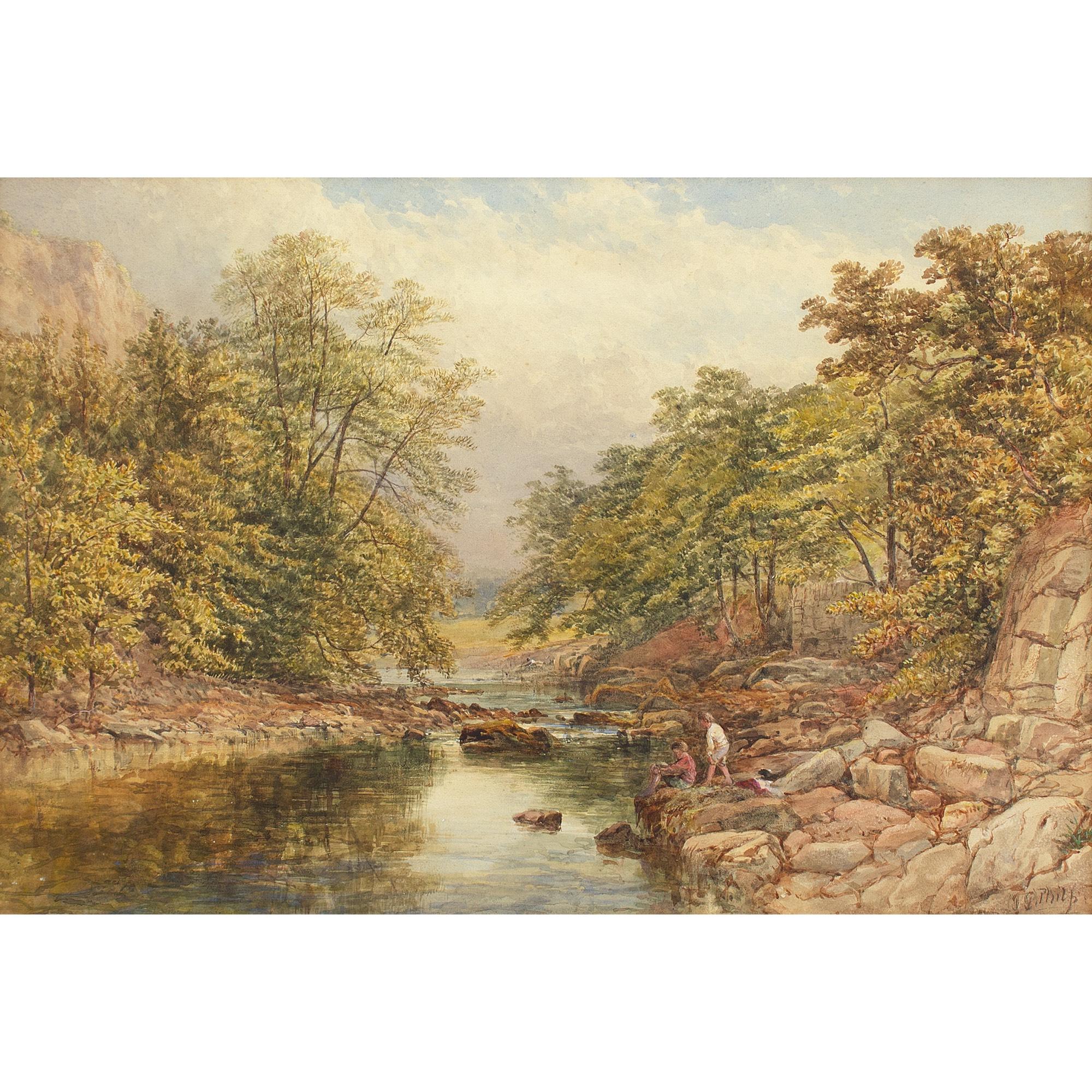 This 19th-century watercolour by British artist James George Philp (1816-1885) depicts a tranquil view on the River Derwent in Derbyshire.

Meandering between craggy tree-lined banks, the enchanting Derwent shimmers amid Summertime bliss. A bright