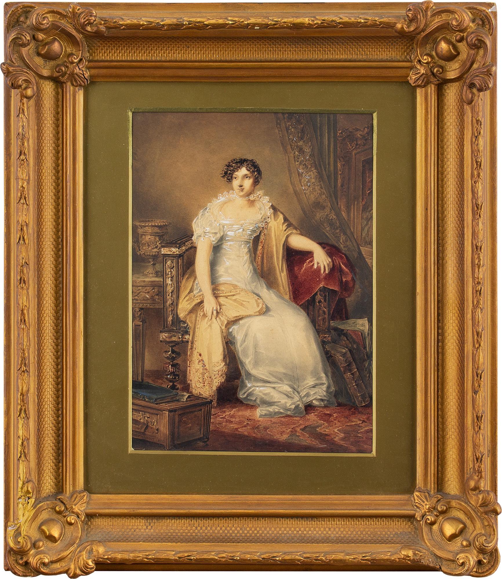 This charming portrait of Miss Smernove by British artist, James Stephanoff (1784-1874) is rendered with a masterful touch. It depicts the confident young lady wearing a white high-waisted neo-classical dress with a gold wrap. Her hair is styled