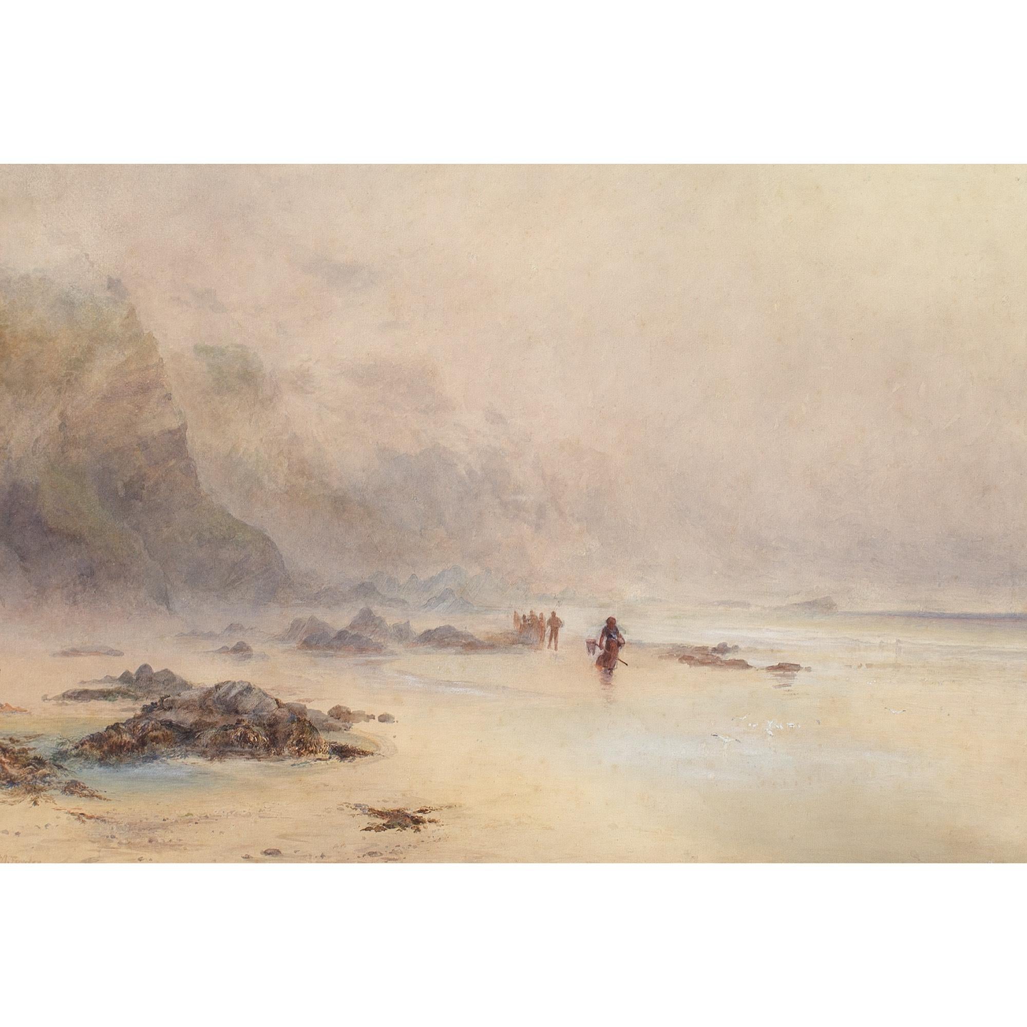 This late 19th-century watercolour by British artist Martha Fowler (b.1843) depicts a view on the Cornish coast.

Fisherfolk carry nets amid a haze of dense fog. Meandering between pools of water left by the retreating tide. Beyond, the craggy stone