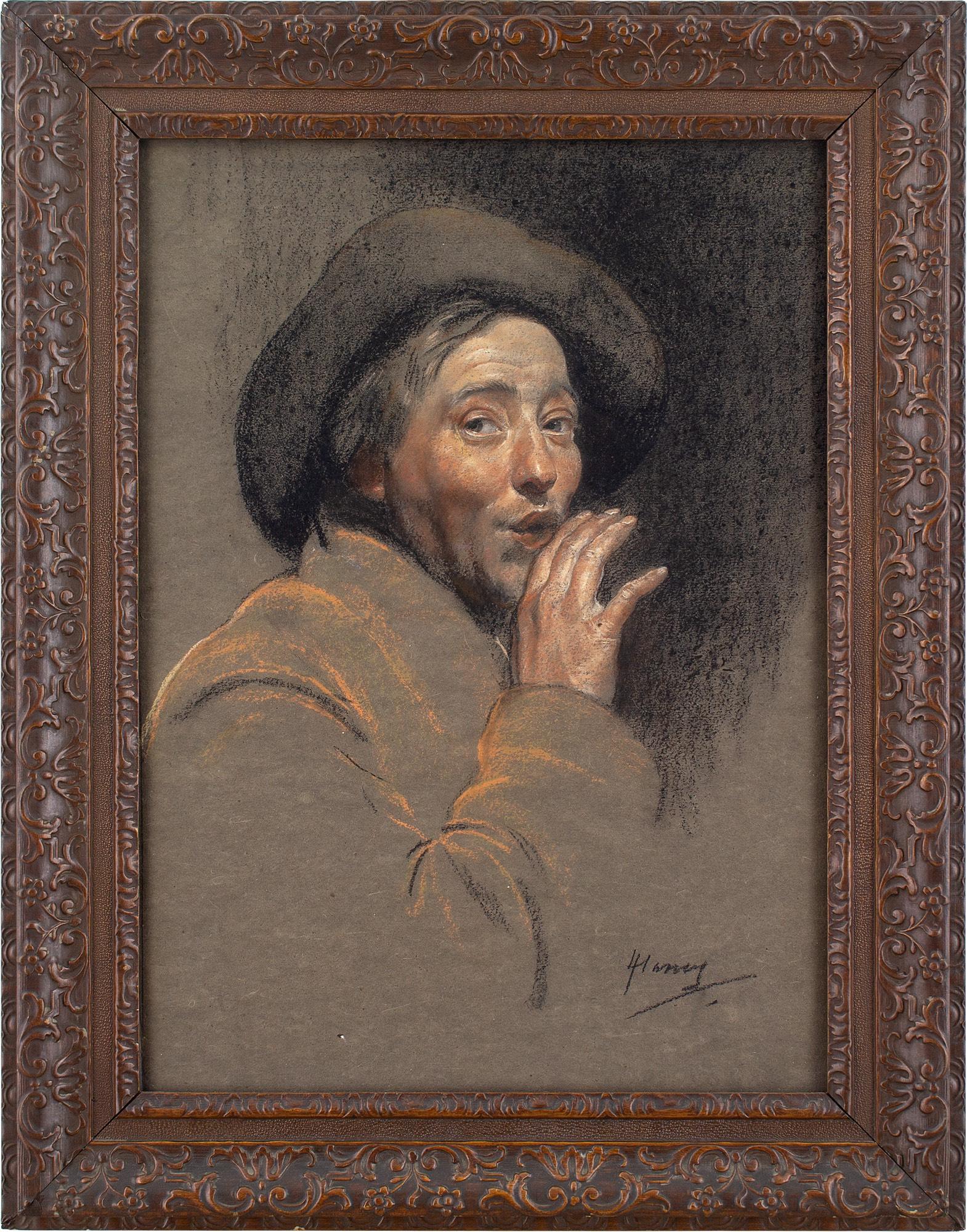 This early 20th-century pastel by Herbert Johnson Harvey (1884-1928) depicts the artist dressed in traditional peasant clothing while surreptitiously whispering.

Harvey carried an admiration for the old masters, which was instilled by his father,
