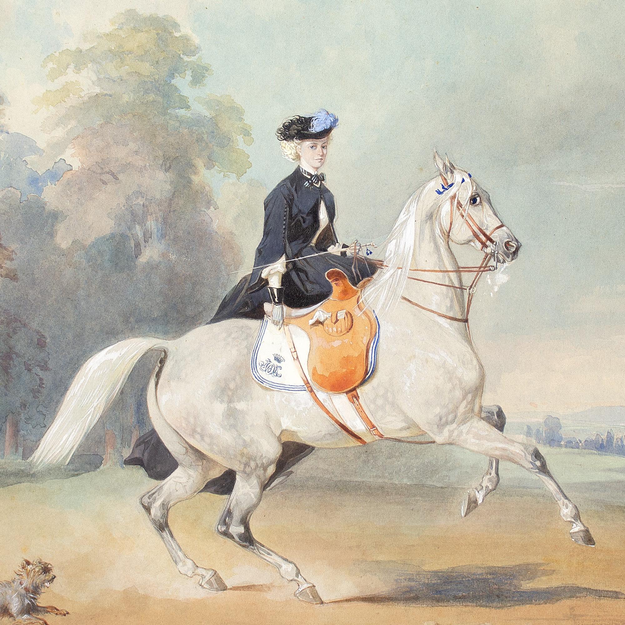 19th-Century Austrian School, Lady Riding A Grey Mare For Sale 1