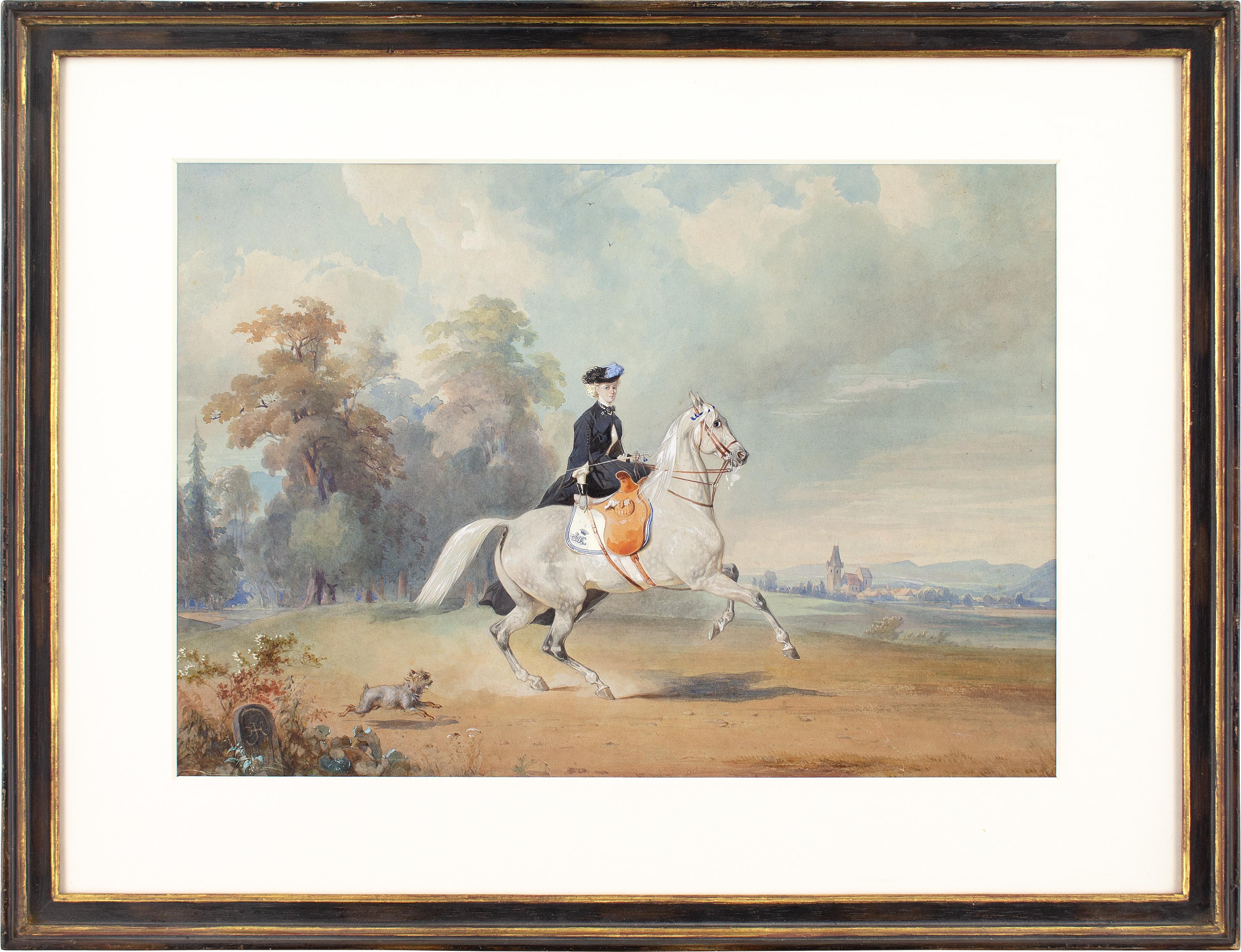 Figurative Art Unknown - École autrichienne du 19e siècle, dame chevauchant un maré gris