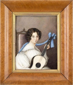 Antique Early 19th-Century English School, Portrait Of A Young Lady With A Guitar