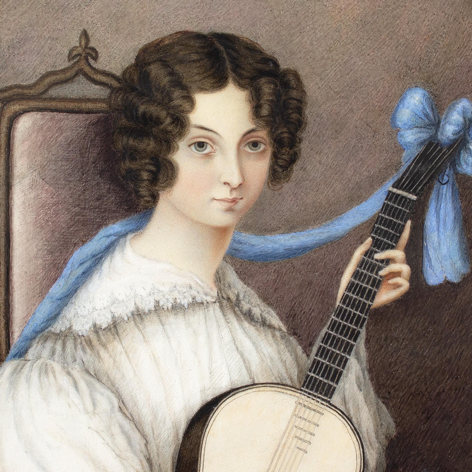 Early 19th-Century English School, Portrait Of A Young Lady With A Guitar For Sale 2