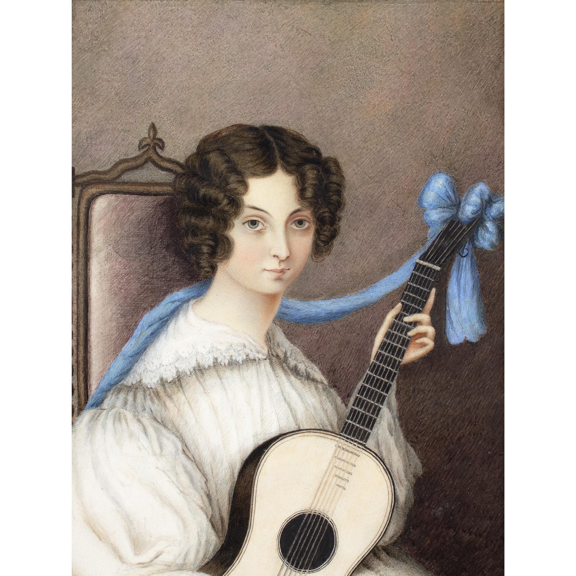 Early 19th-Century English School, Portrait Of A Young Lady With A Guitar - Folk Art Art by Unknown