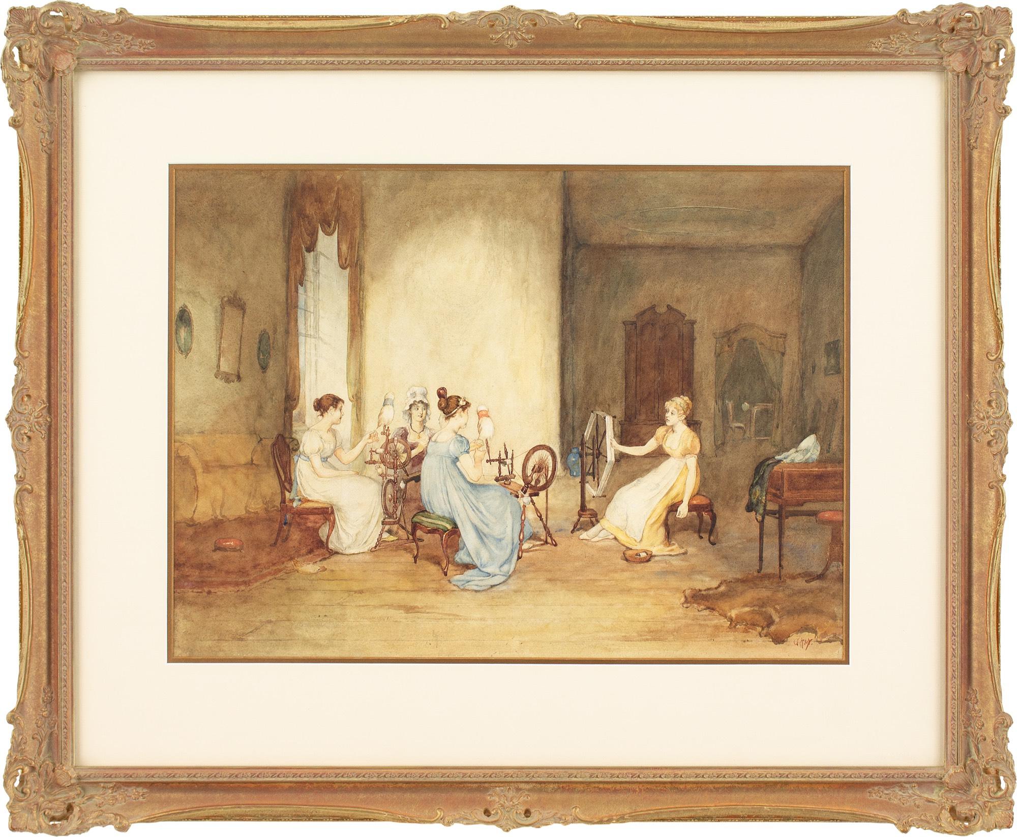 Dieses Aquarell des schottischen Künstlers George H. Hay RSA (1831-1912) aus dem späten 19. Jahrhundert zeigt vier junge Damen in der Kleidung der 1820er Jahre, die in einem schlichten Innenraum Wolle spinnen.

George H Hay RSA war ein Figurenmaler,
