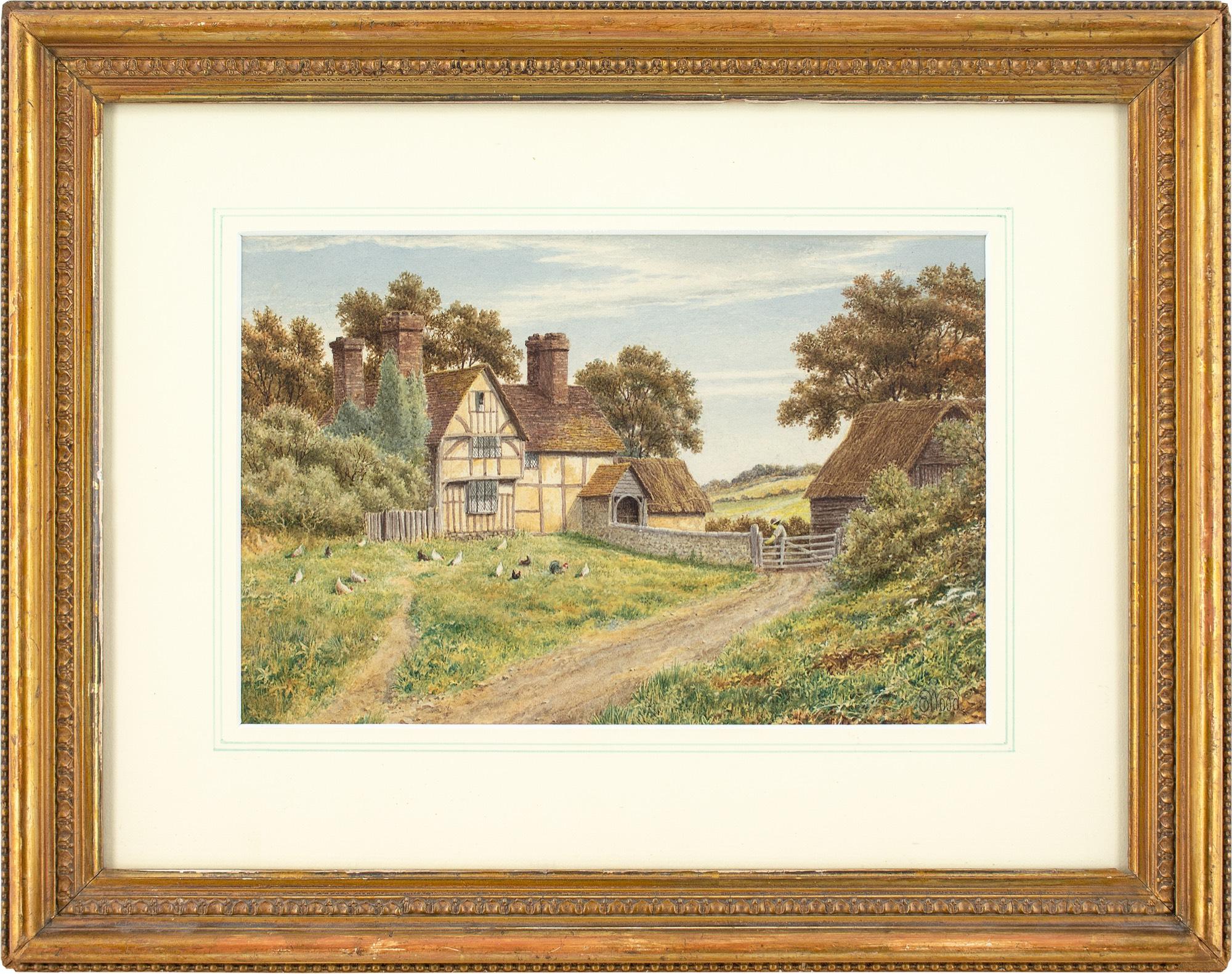 Cette charmante aquarelle de la fin du XIXe siècle, réalisée par l'artiste britannique E Wood, représente une belle ferme des XVe et XVIe siècles située près de Godalming, dans le Surrey, en Angleterre.

Tandis que les poules cherchent de la