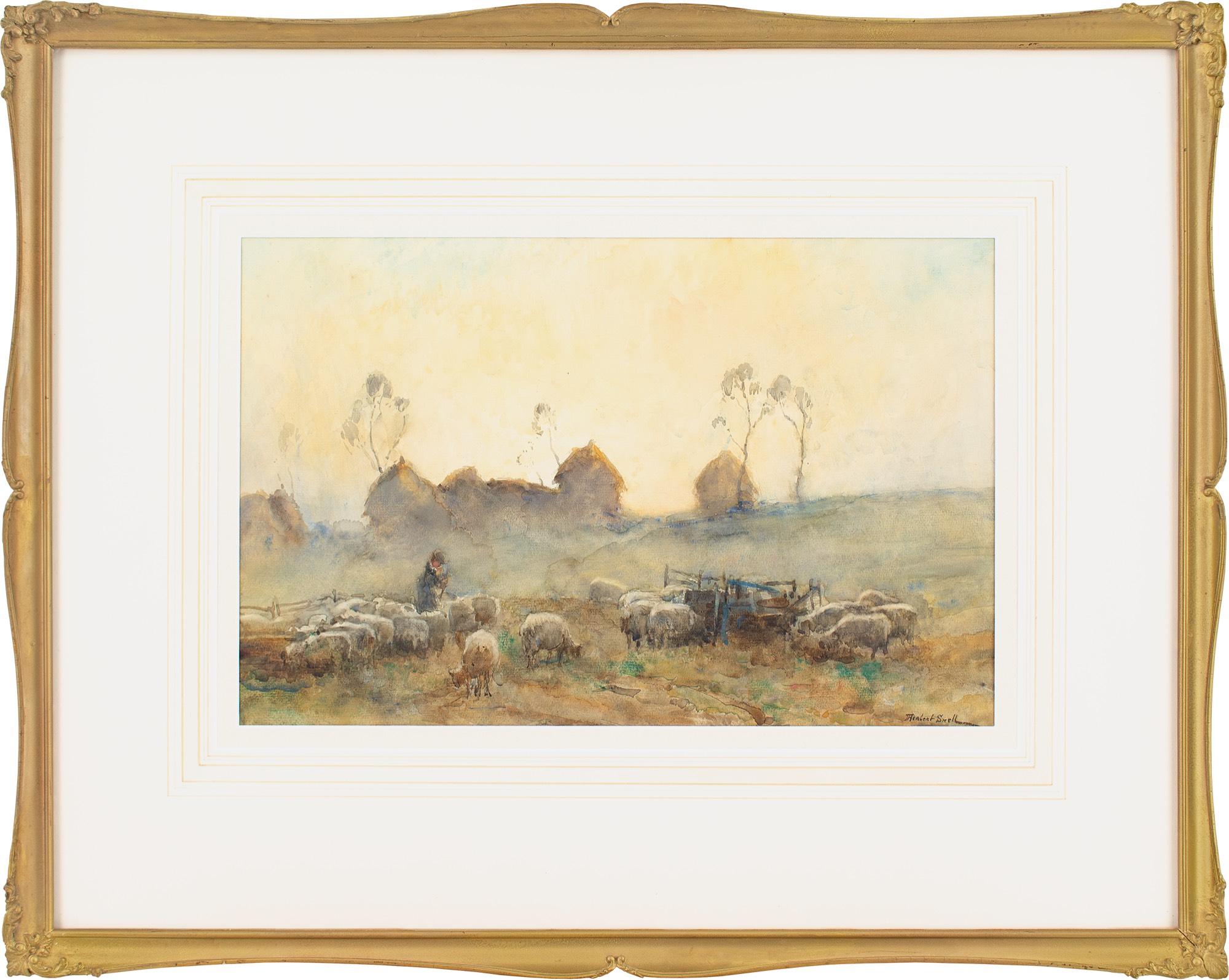 This beautiful late 19th-century watercolour by British artist James Herbert Snell (1861-1935) depicts a shepherd herding sheep in the evening.

Snell was an interesting painter as his works span a transitional period for British art. Around 1880,