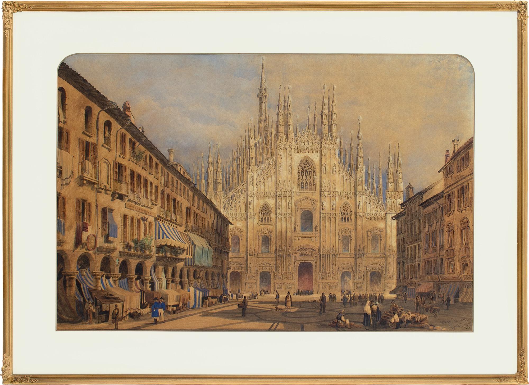 This 19th-century watercolour by British artist Joseph Josiah Dodd (1809-1880) depicts Milan Cathedral in Italy.

Rising like a Gothic behemoth, the majestic facade of Milan Cathedral. From our view on the Piazza del Duomo, quaint shop fronts are