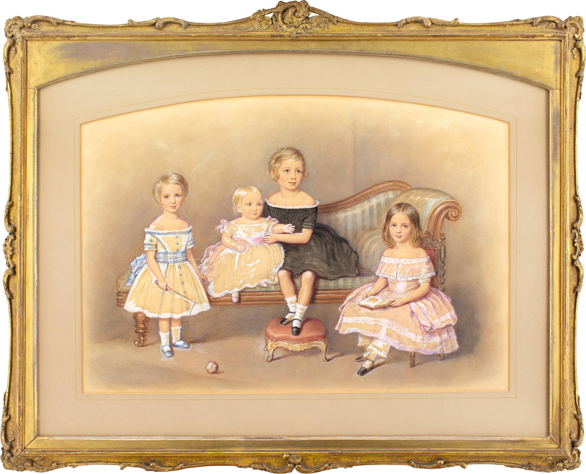 Cette charmante aquarelle du milieu du XIXe siècle de l'artiste britannique John George Indermaur (1818-1862) représente quatre enfants, une chaise longue et un pouf. Elle a été présentée à la Société royale des artistes britanniques en