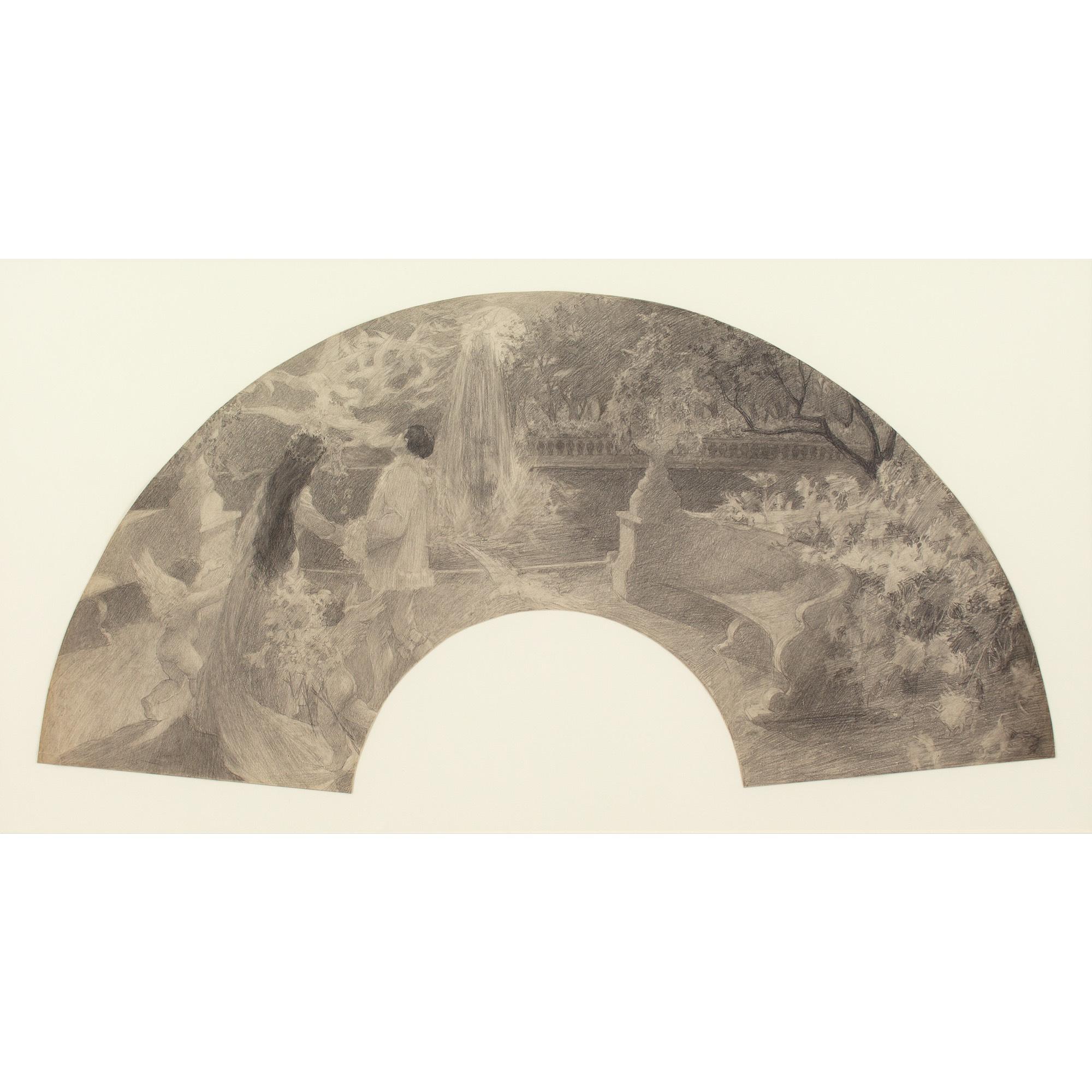 Cyrus Cuneo, Symbolistisches Fächerdesign mit Paar, Putten und Garten 1