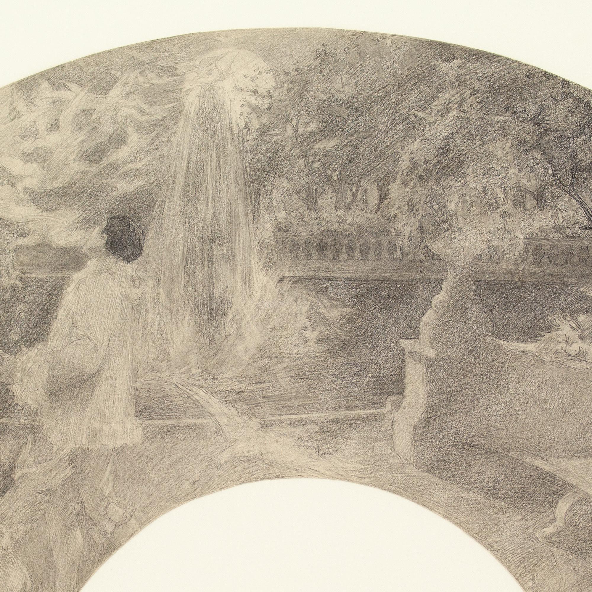 Cyrus Cuneo, Symbolistisches Fächerdesign mit Paar, Putten und Garten 5