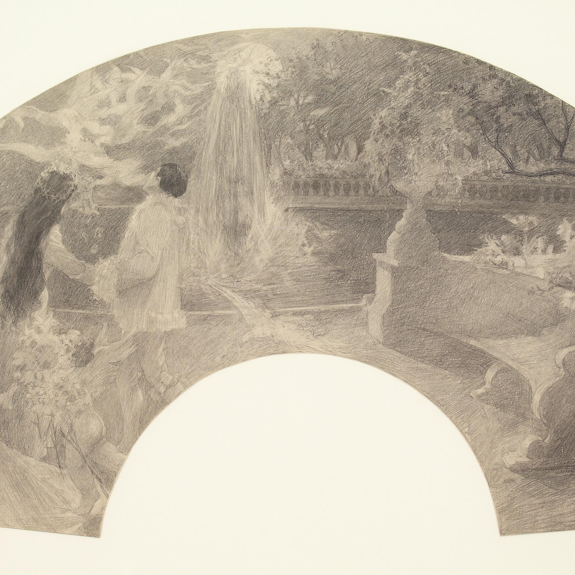 Cyrus Cuneo, Symbolistisches Fächerdesign mit Paar, Putten und Garten 7