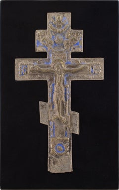 Late 19th-Century Russian Orthodox Crucifixion Icon With Blue Enamelling
