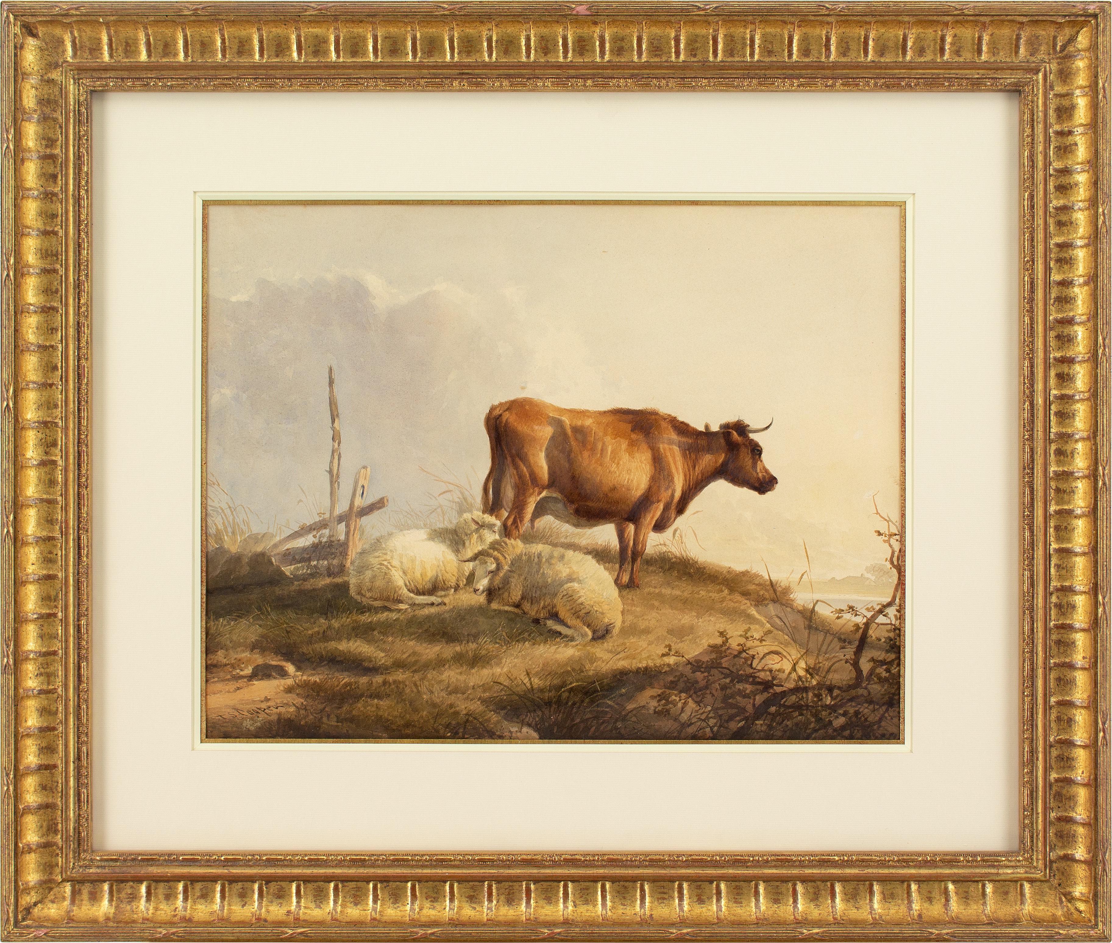 This charming mid-19th-century watercolour by British artist Thomas Sidney Cooper RA (1803-1902) depicts two sheep and a cow in a landscape. Cooper was a distinguished British painter of landscapes, animals and portraits who became one of the