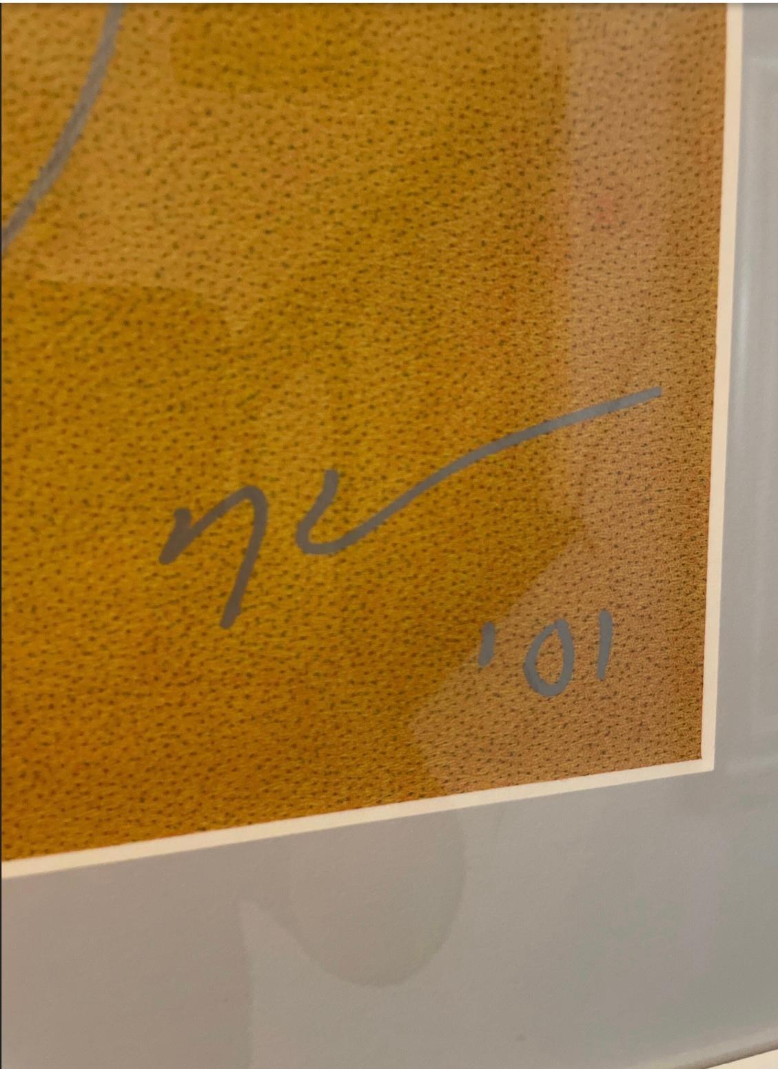 Dies ist ein  Jeff Koons signierte und datierte Originalzeichnung aus dem Jahr 2001. In gutem Zustand Zustand. Maße 26x26. Wurde im Jahr 2001 für Hugo Boss hergestellt. Es gibt einen Artikel, den Sie googeln können und der sofort angezeigt wird.