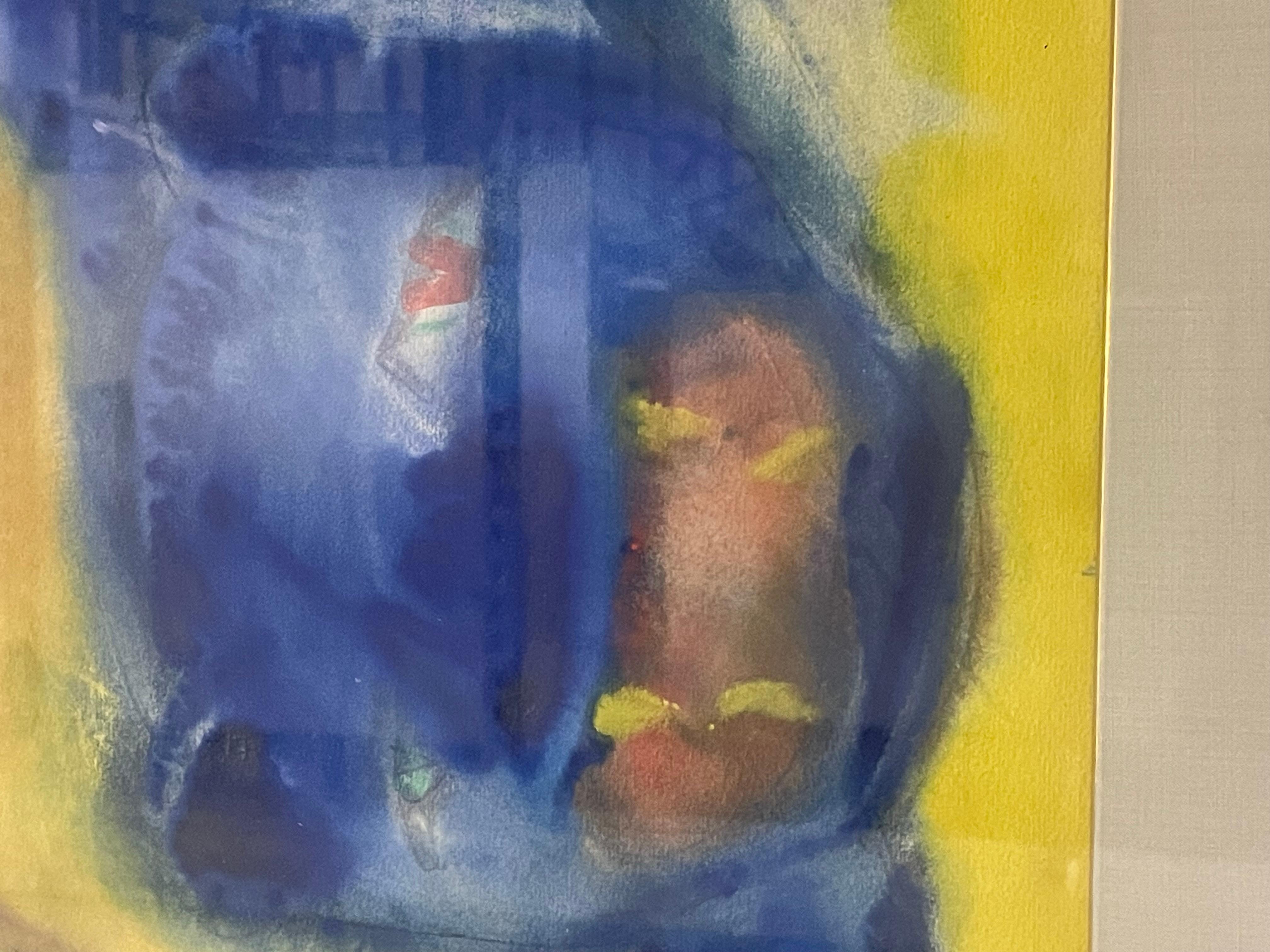 Measures 35x27 in good condition. Frame has bunch of chips and cracks. Piece itself looks great. This is a watercolor on paper