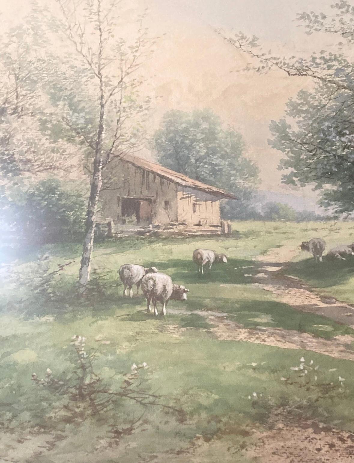 Carl Weber (1849 - 1922) Landscape Scene Watercolor. Measures 35x22. Frame has some minor damage.
