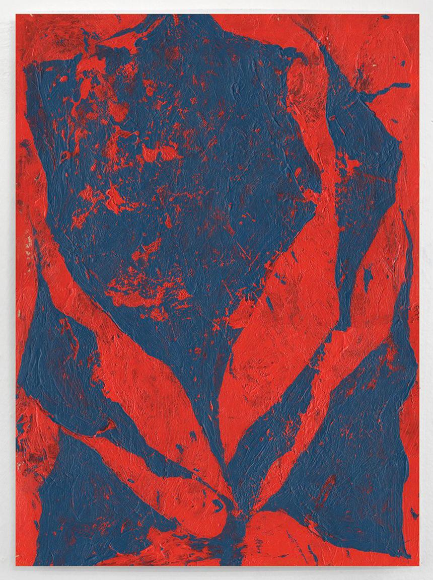 One-of-a-kind artwork by Eva Sozap featuring a bold red and blue color palette with painterly textures in acrylic paint on archival paper. This painting is inspired by Monstera plants which are native to tropical forests in southern Mexico. The