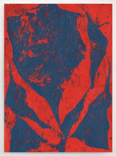 Monstera 1 – Rotes und blaues abstraktes Gemälde von Eva Sozap