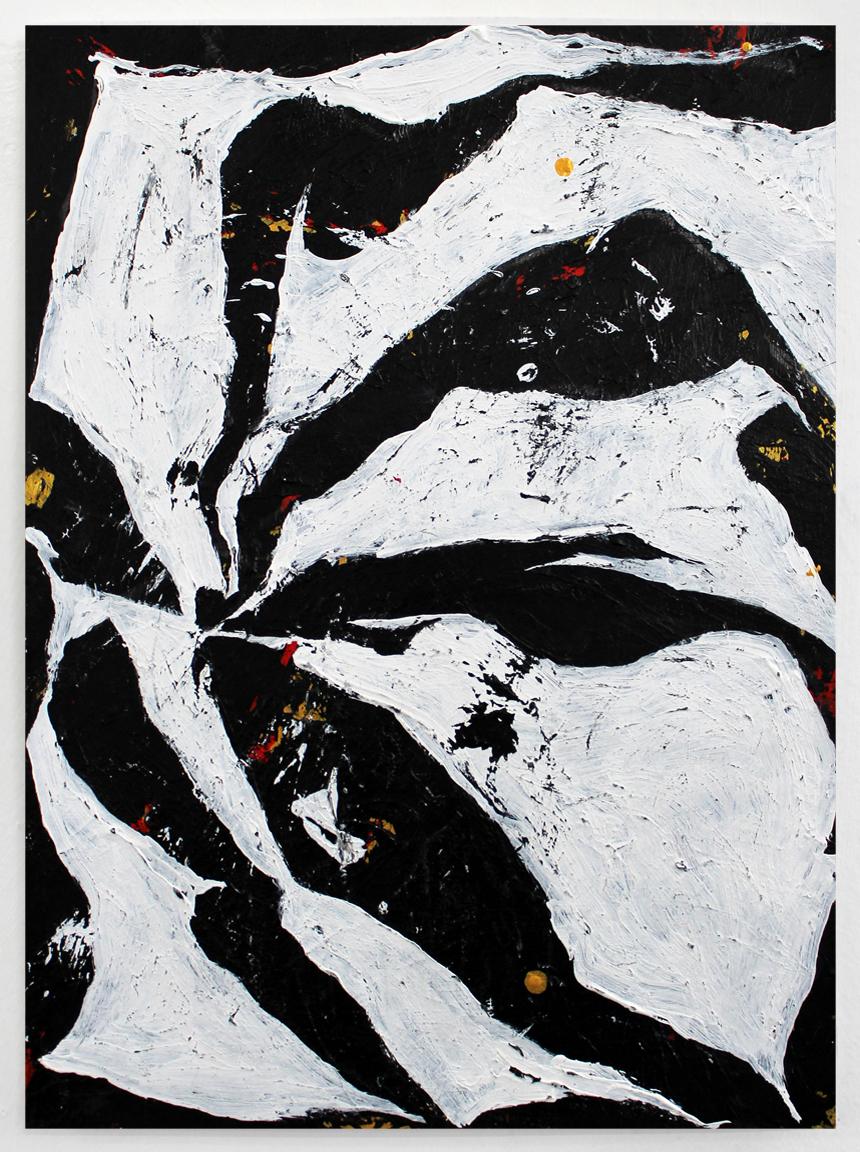 One-of-a-kind artwork by Eva Sozap featuring a graphic black and white palette with painterly textures in acrylic paint on archival paper. This contemporary painting on paper is inspired by the Monstera plant, which are native to tropical forests in