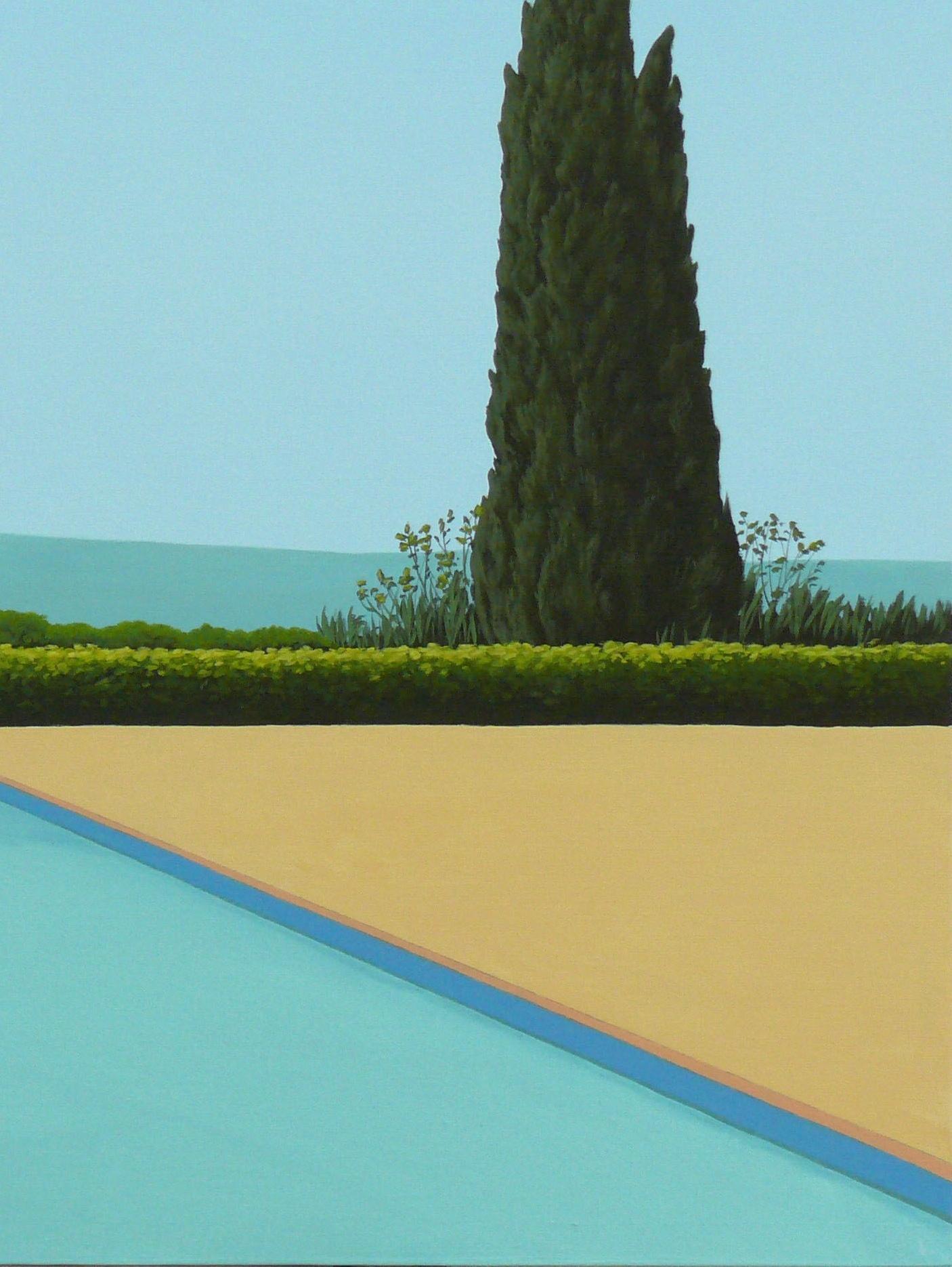 Cypress Tree by the pool - landscape painting - Painting by Magdalena Laskowska