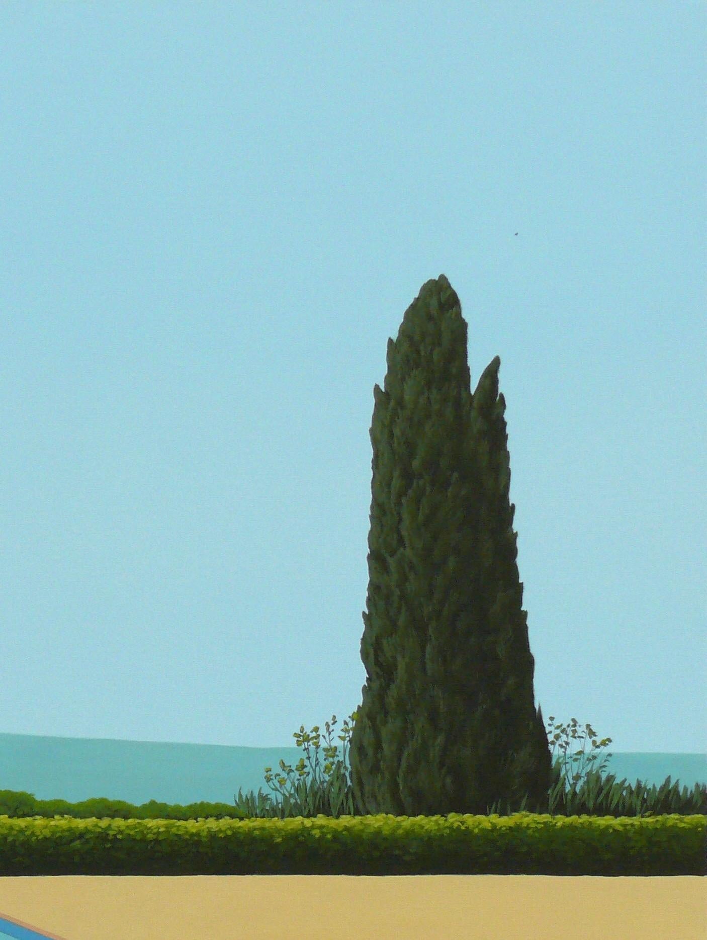 Cypress Tree by the pool - landscape painting - Contemporary Painting by Magdalena Laskowska