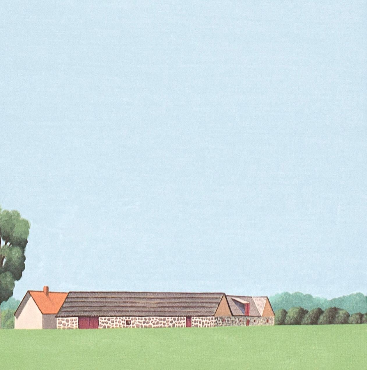 Dieses schöne Landschaftsgemälde von Jeroen Allart ist Teil seiner minimalistischen Landschaftsmalerei, die er in seinem Heimatland, den Niederlanden, angefertigt hat.

IA Farm steht vor Ihnen am Horizont. Eine Windmühle durchschneidet majestätisch