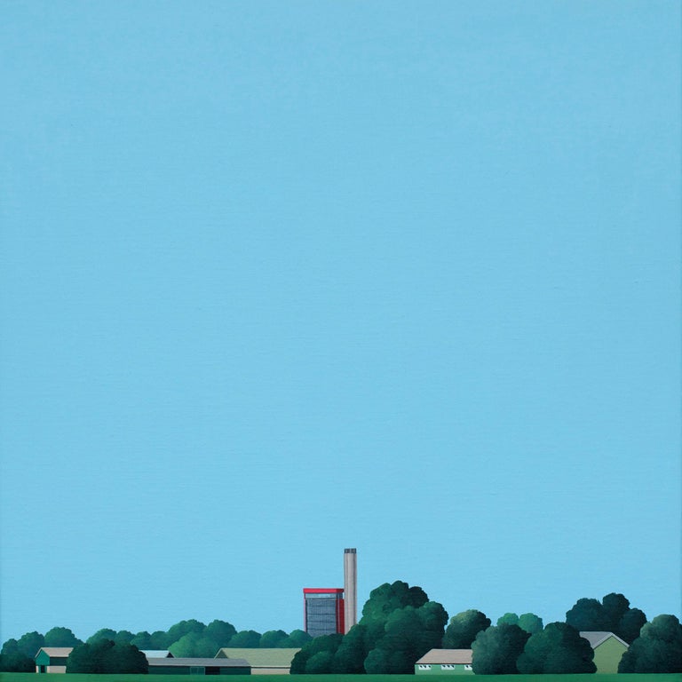 This beautiful landscape painting by Jeroen Allart is part of his minimalist landscape painting he did in his home country the Netherlands.
IA farm stands before you on the horizon. A windmill majestically slices the blue sky. A bird, painted in