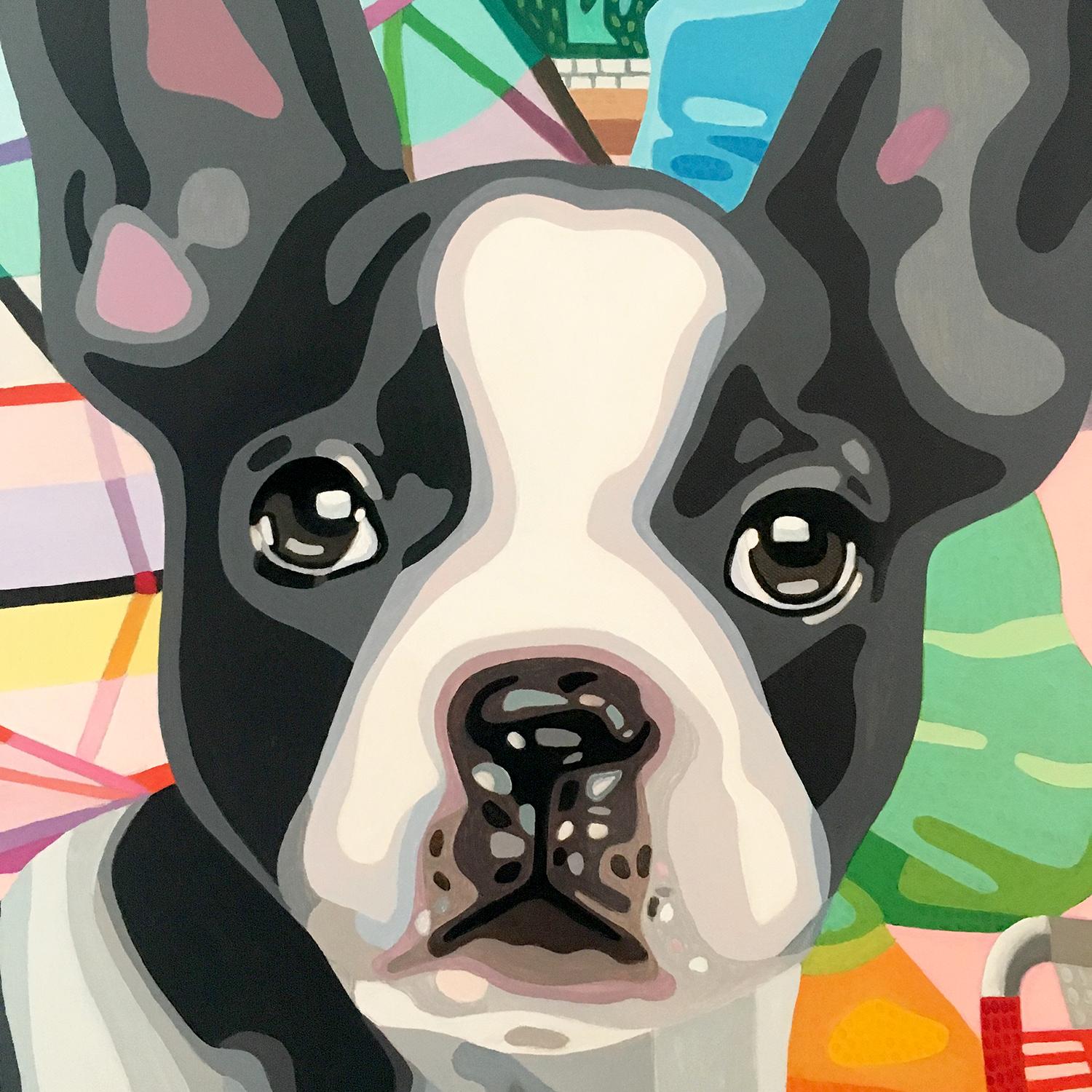 This painting is round and 100 cm in diameter.

“I like to think of my creative approach as being playful, fun and lighthearted. I find immense joy in playing with compositions, shifting angles and making the colors do their magic tricks on the