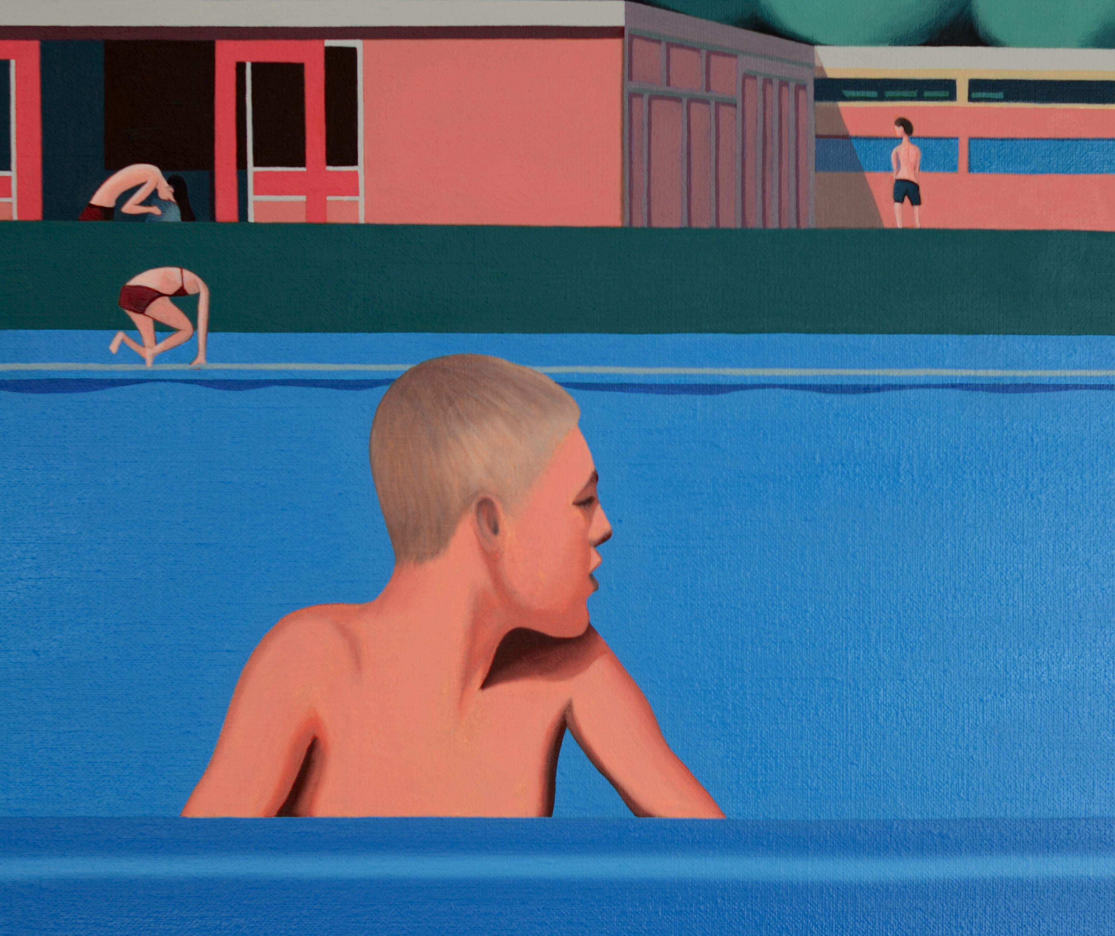 Swimming pool - figurative landscape painting - Painting by Jeroen Allart